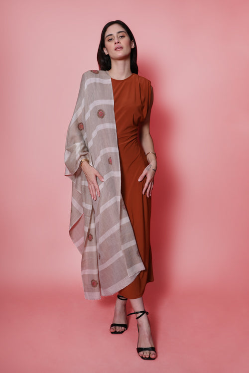 Beige and Ivory Stripes Sozni Hand Embroidered Booti Pashmina Wrap