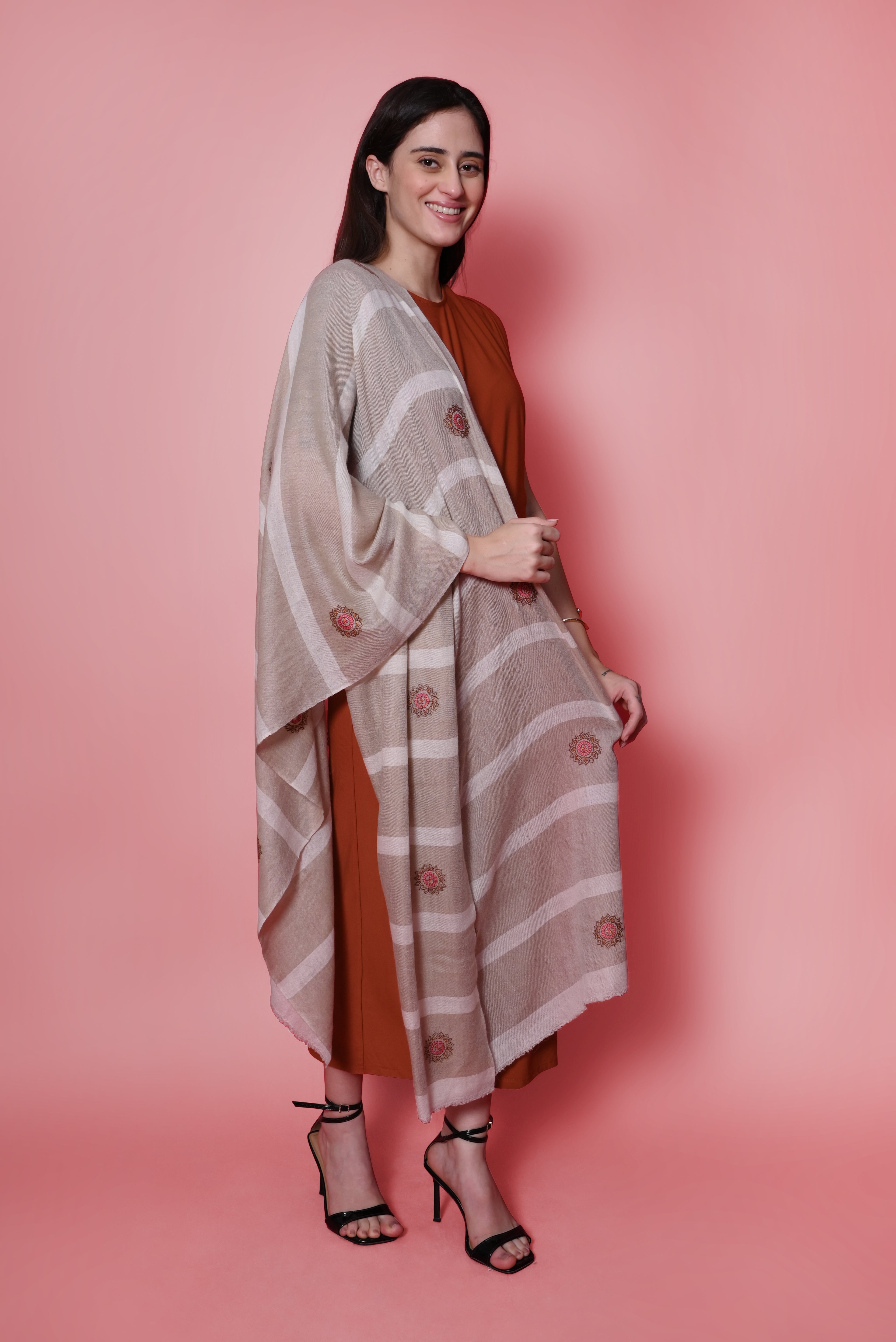 Beige and Ivory Stripes Sozni Hand Embroidered Booti Pashmina Wrap