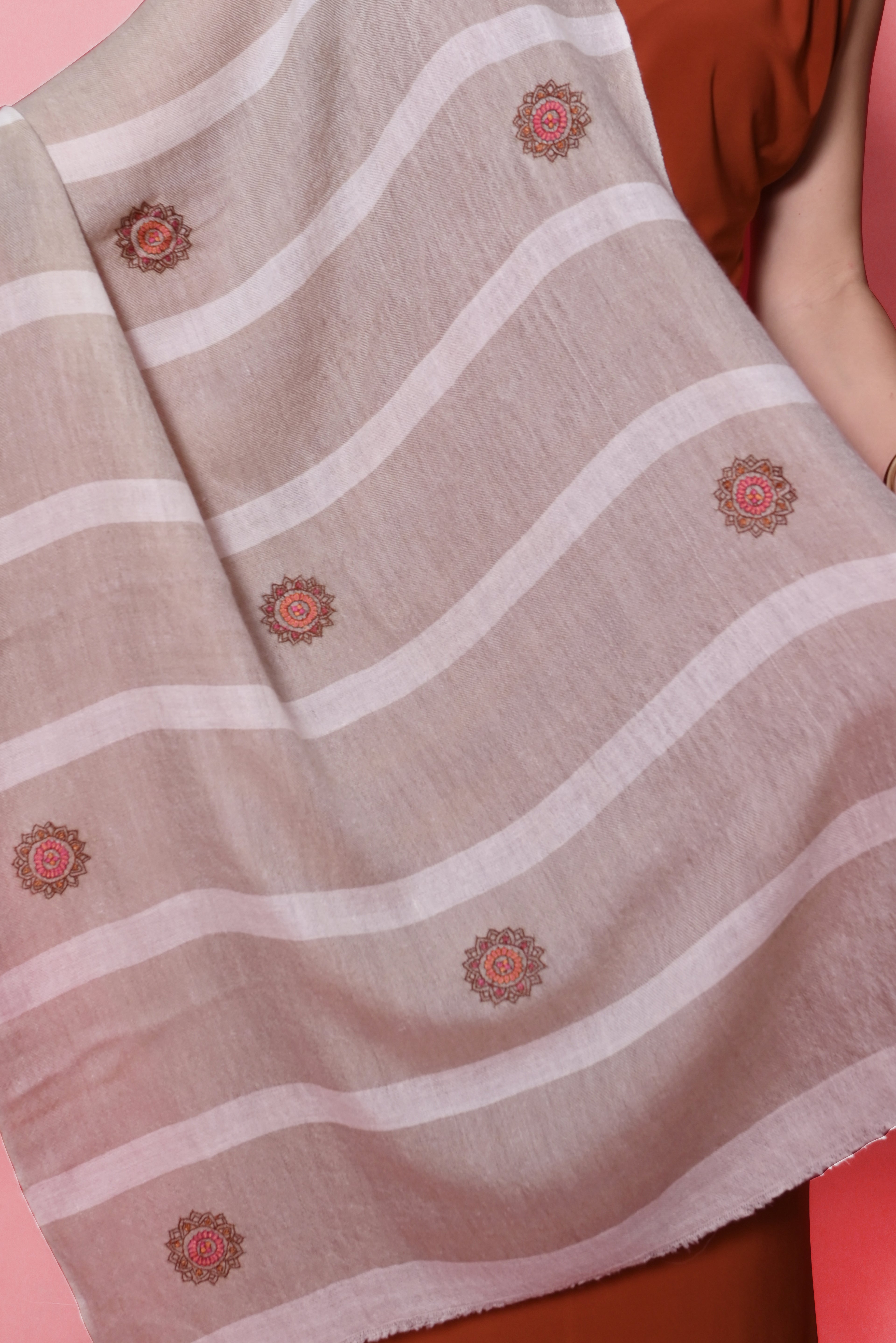 Beige and Ivory Stripes Sozni Hand Embroidered Booti Pashmina Wrap