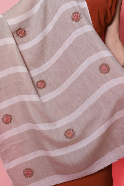 Beige and Ivory Stripes Sozni Hand Embroidered Booti Pashmina Wrap