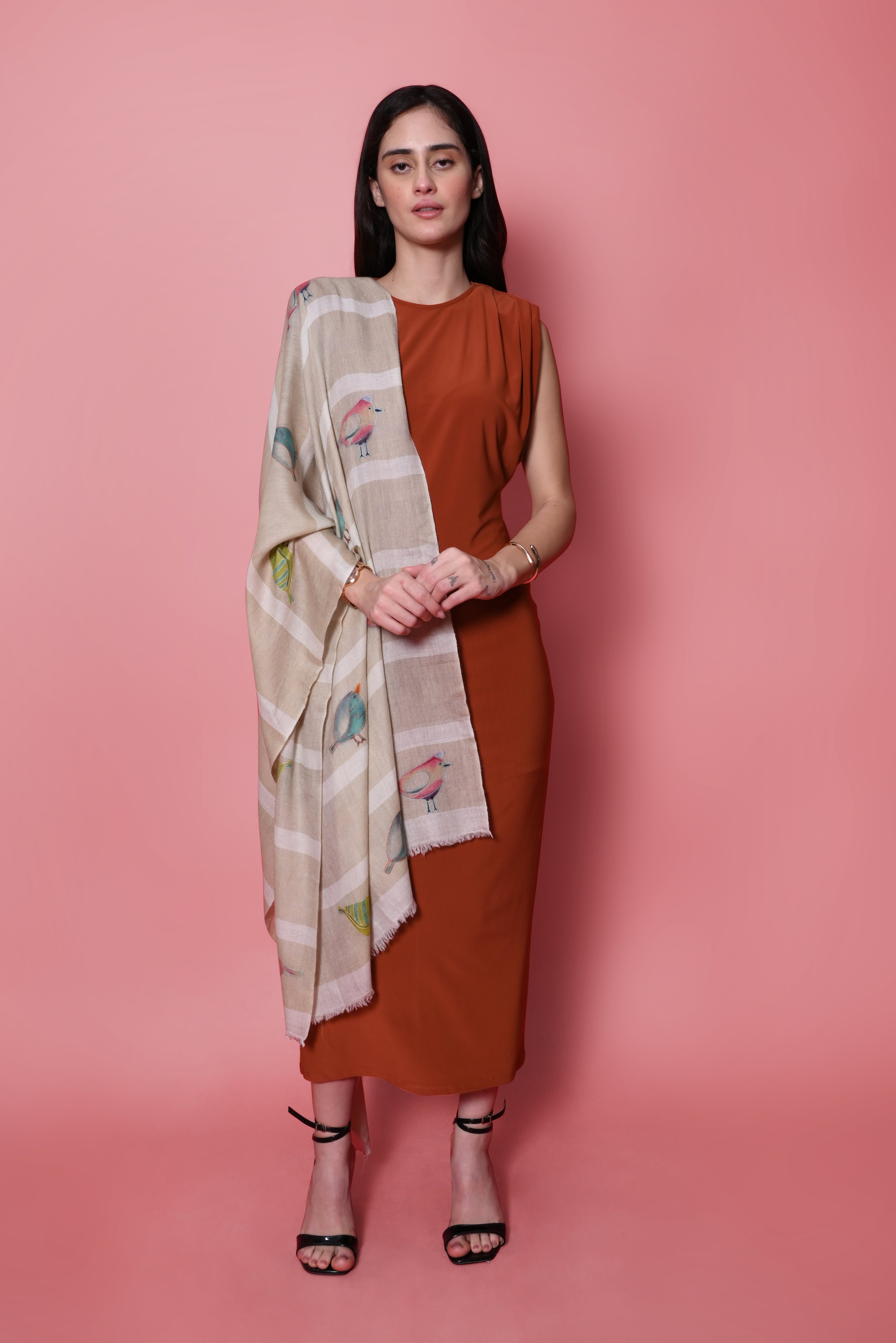 Beige and Ivory Stripes Hand Painted and Hand Embroidered Pashmina Wrap