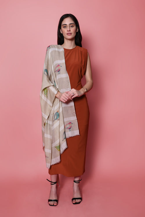 Beige and Ivory Stripes Hand Painted and Hand Embroidered Pashmina Wrap