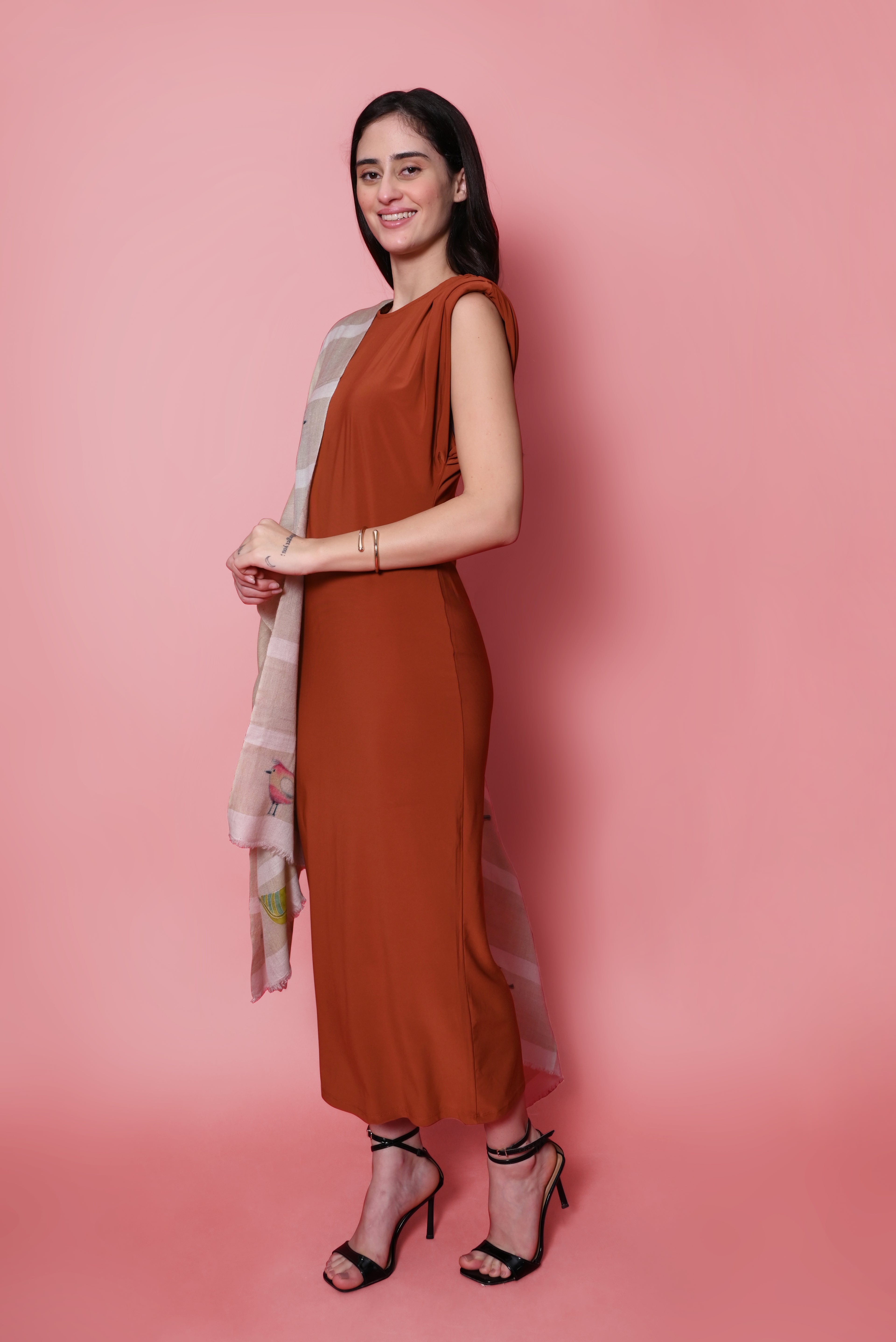 Beige and Ivory Stripes Hand Painted and Hand Embroidered Pashmina Wrap