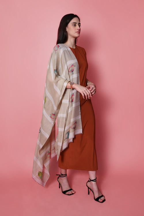 Beige and Ivory Stripes Hand Painted and Hand Embroidered Pashmina Wrap