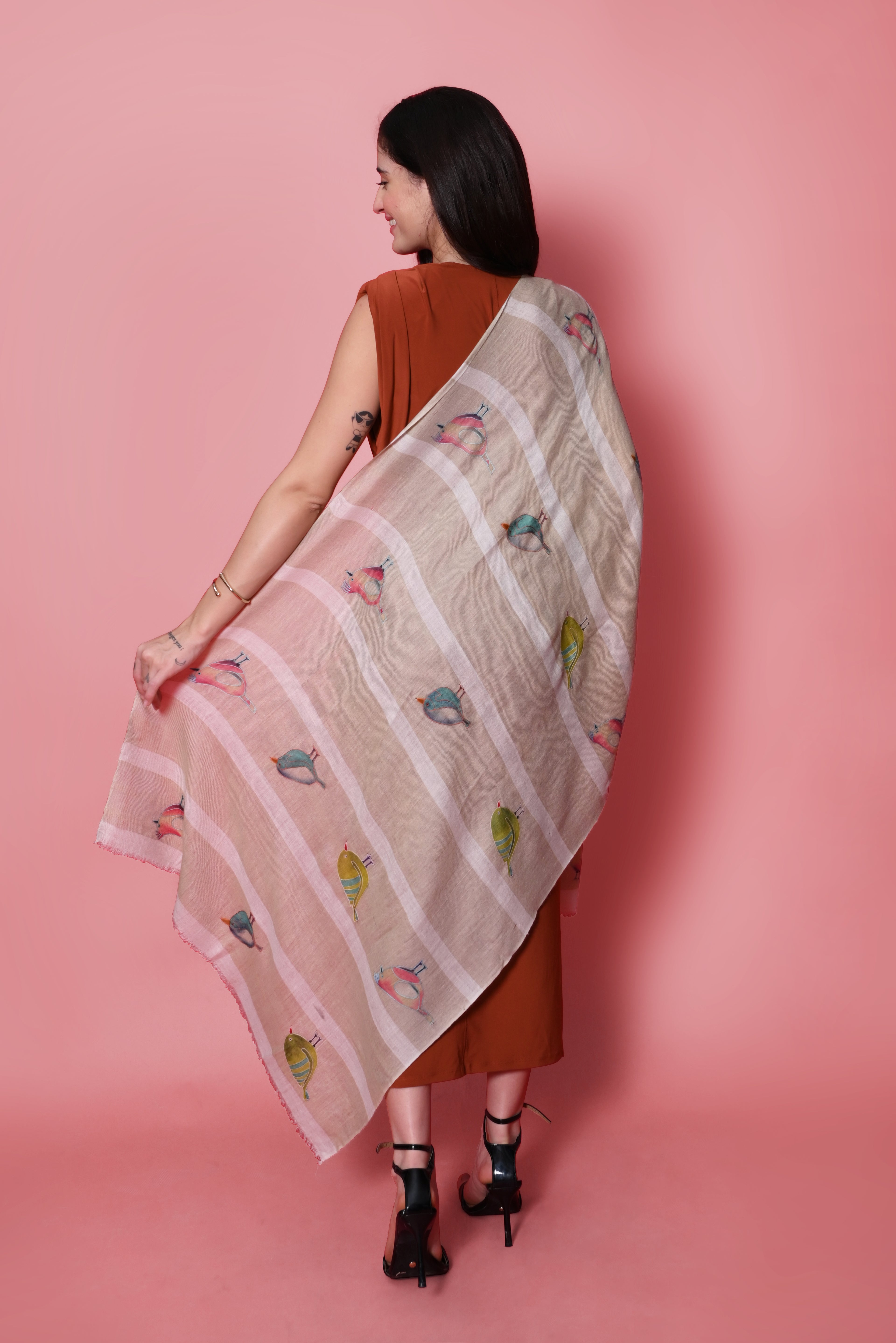 Beige and Ivory Stripes Hand Painted and Hand Embroidered Pashmina Wrap