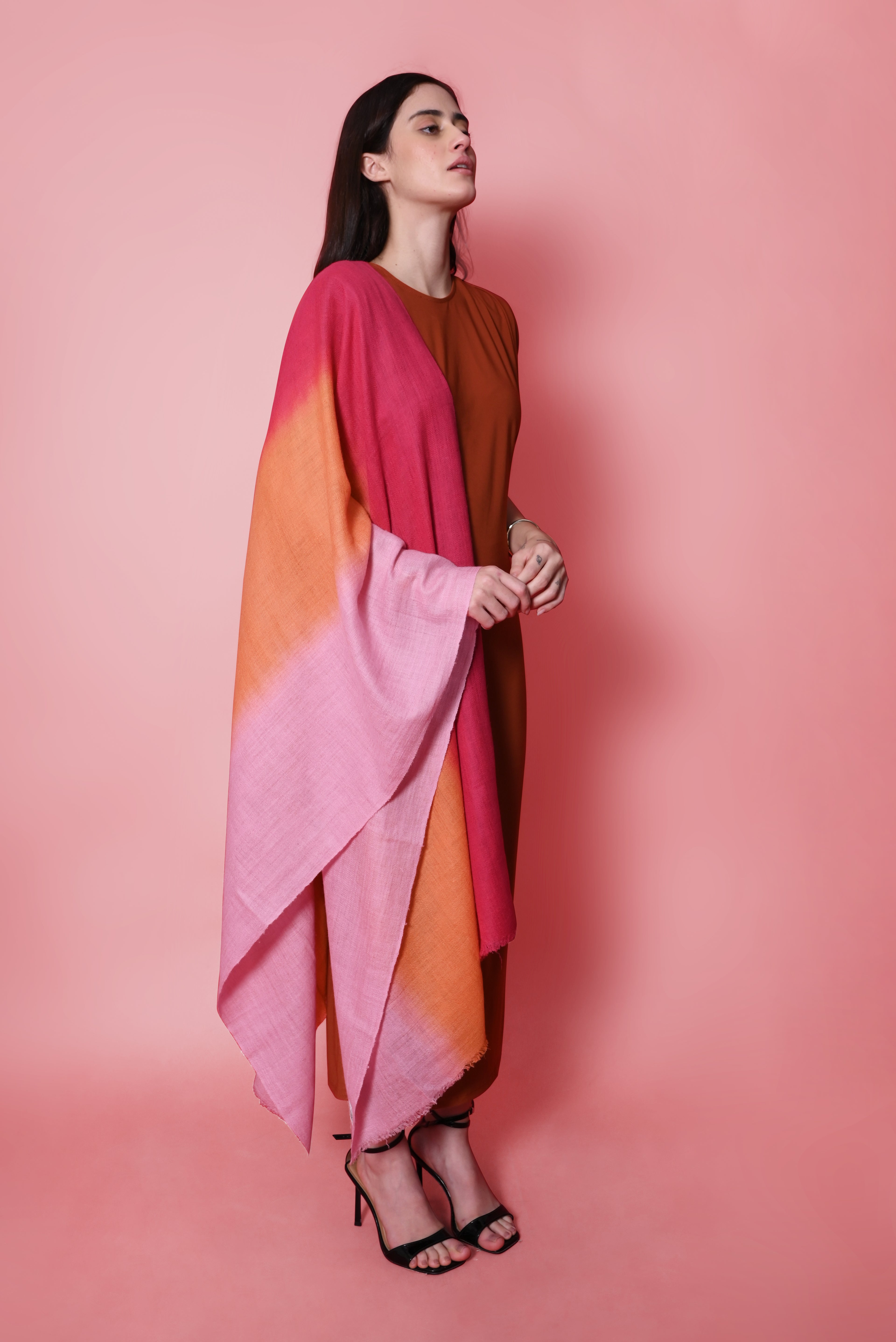 Pink Orange and Red Ombre Handspun Pashmina Wrap