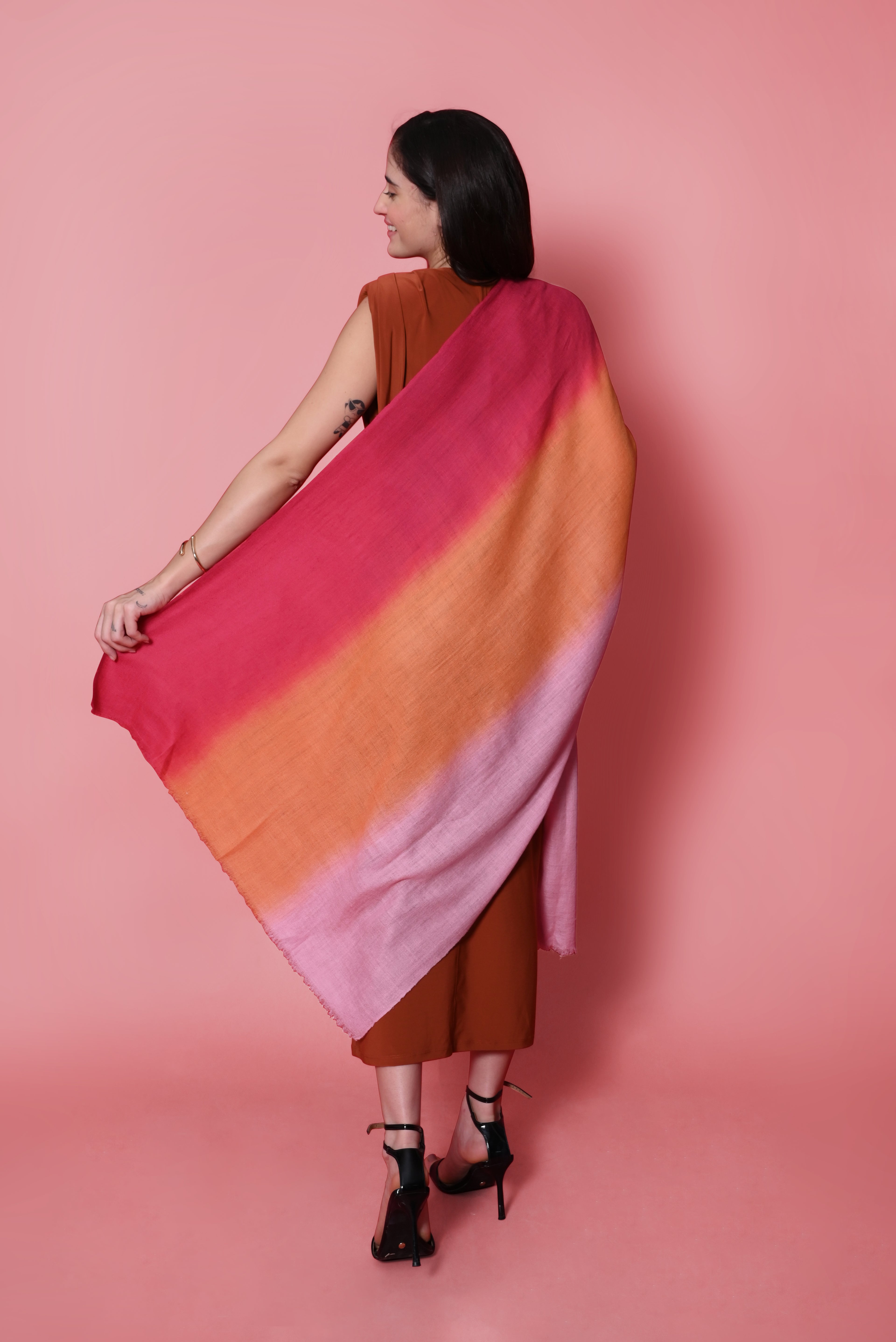 Pink Orange and Red Ombre Handspun Pashmina Wrap
