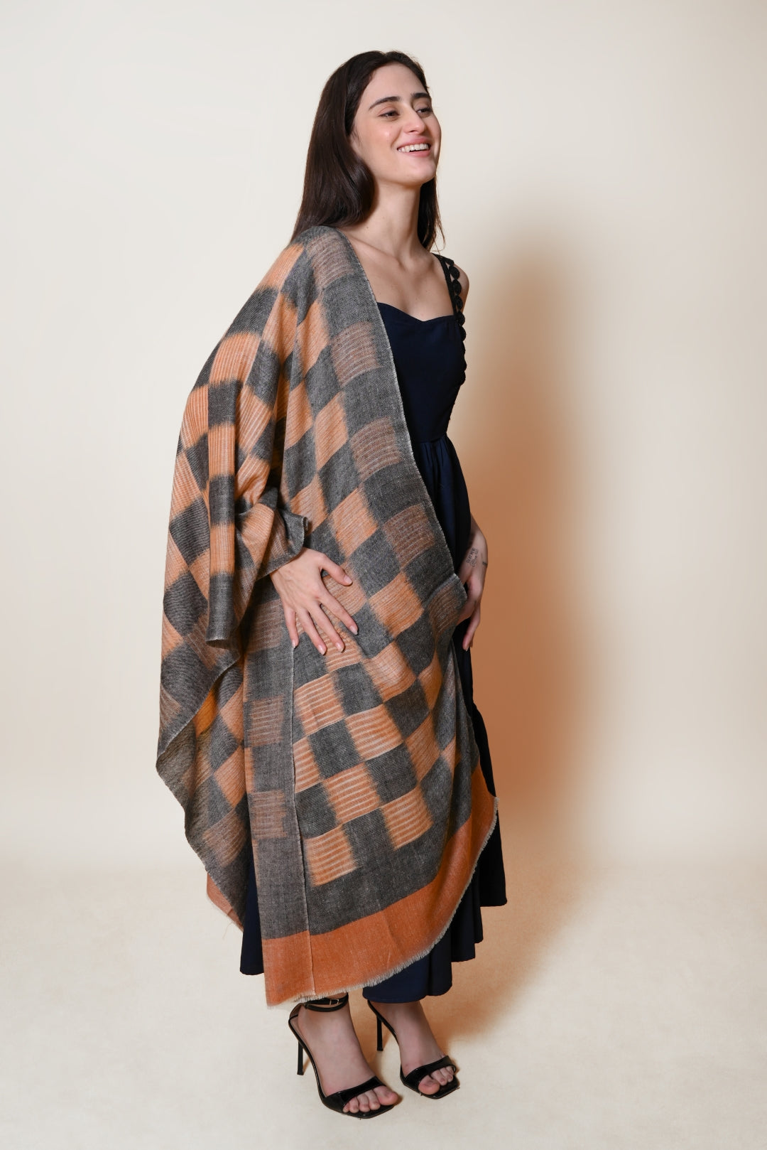 Orange & Black Ikkat Pashmina Stole