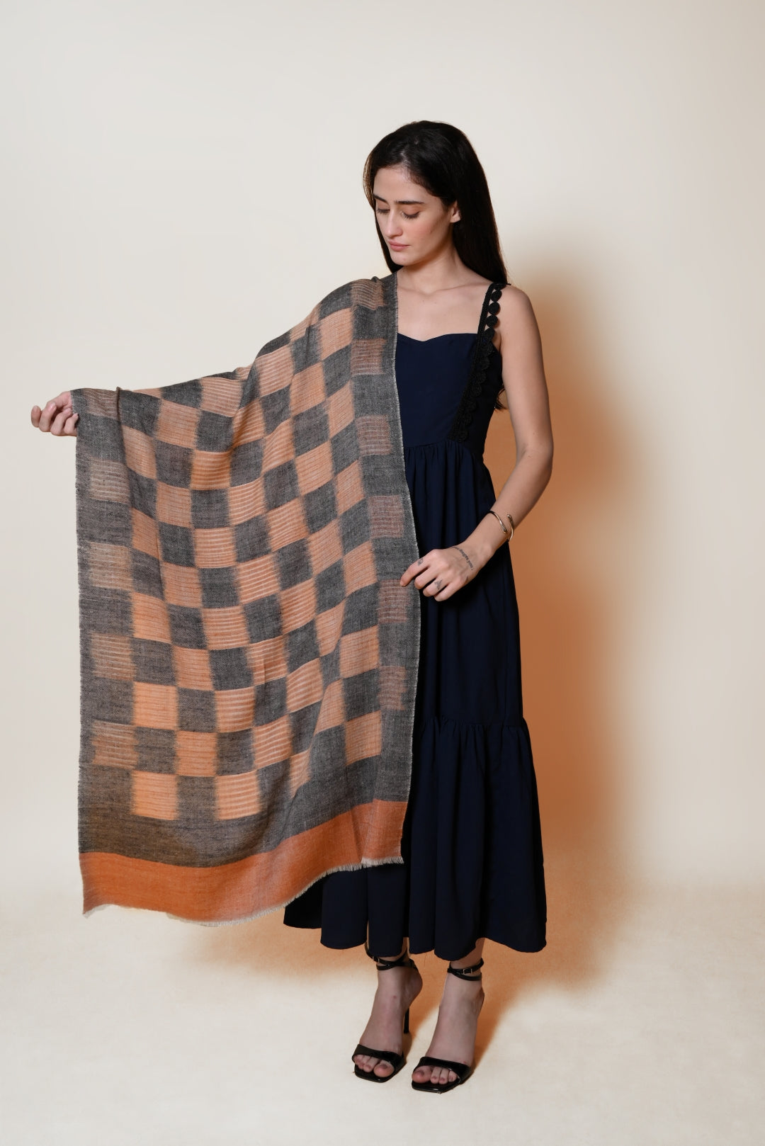 Orange & Black Ikkat Pashmina Stole