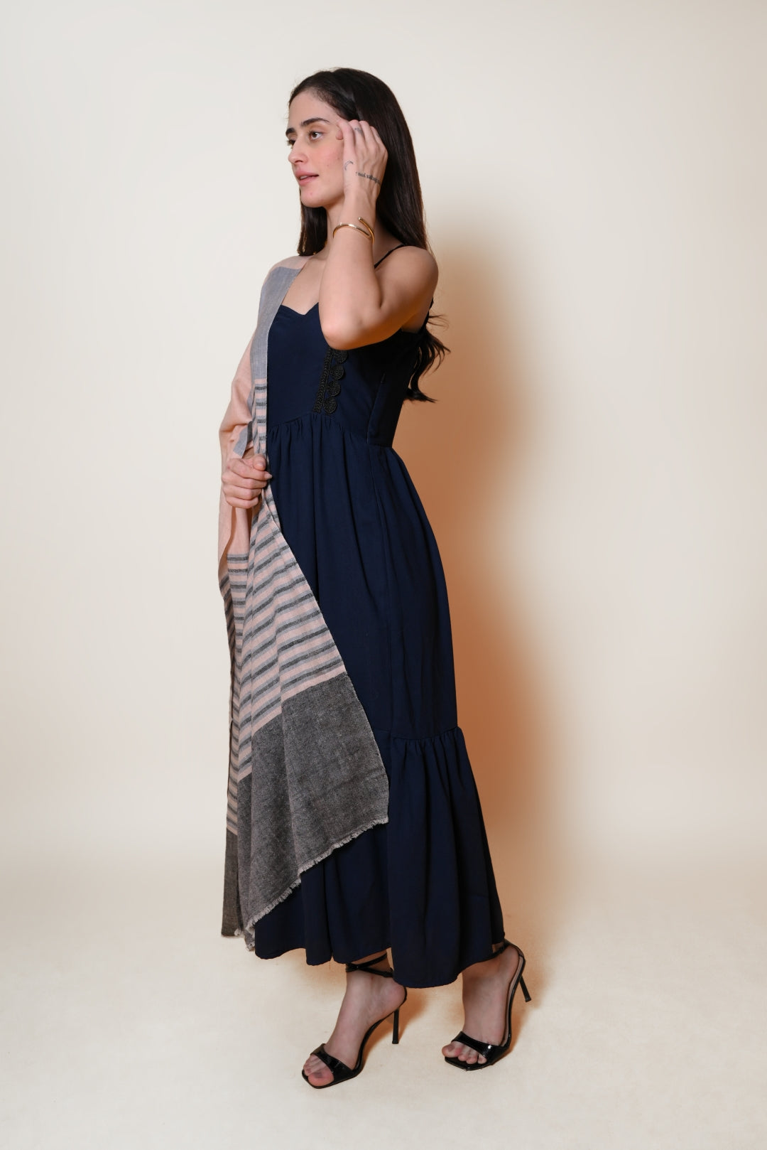 Grey and Peach Striped Pashmina Shawl