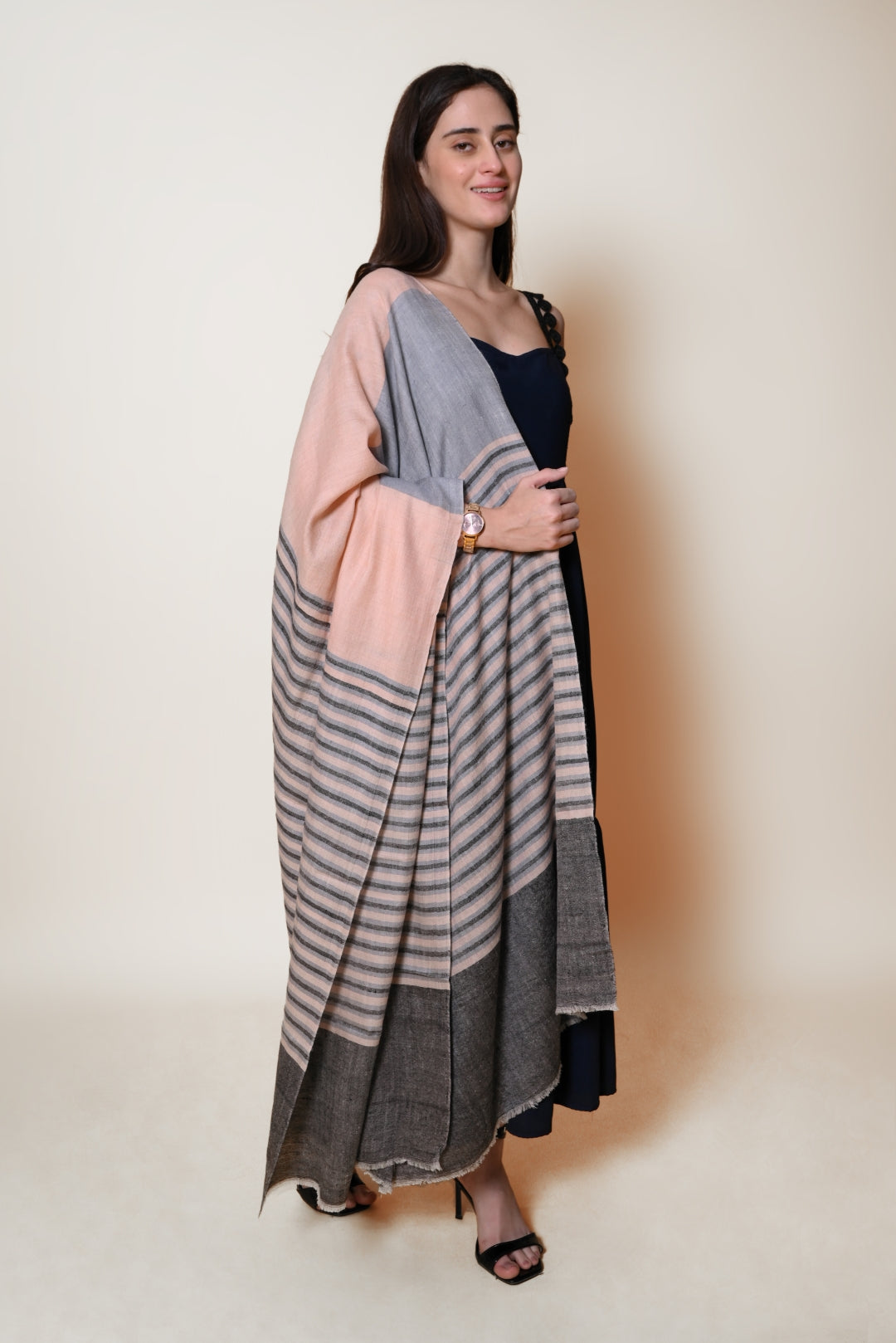Grey and Peach Striped Pashmina Shawl