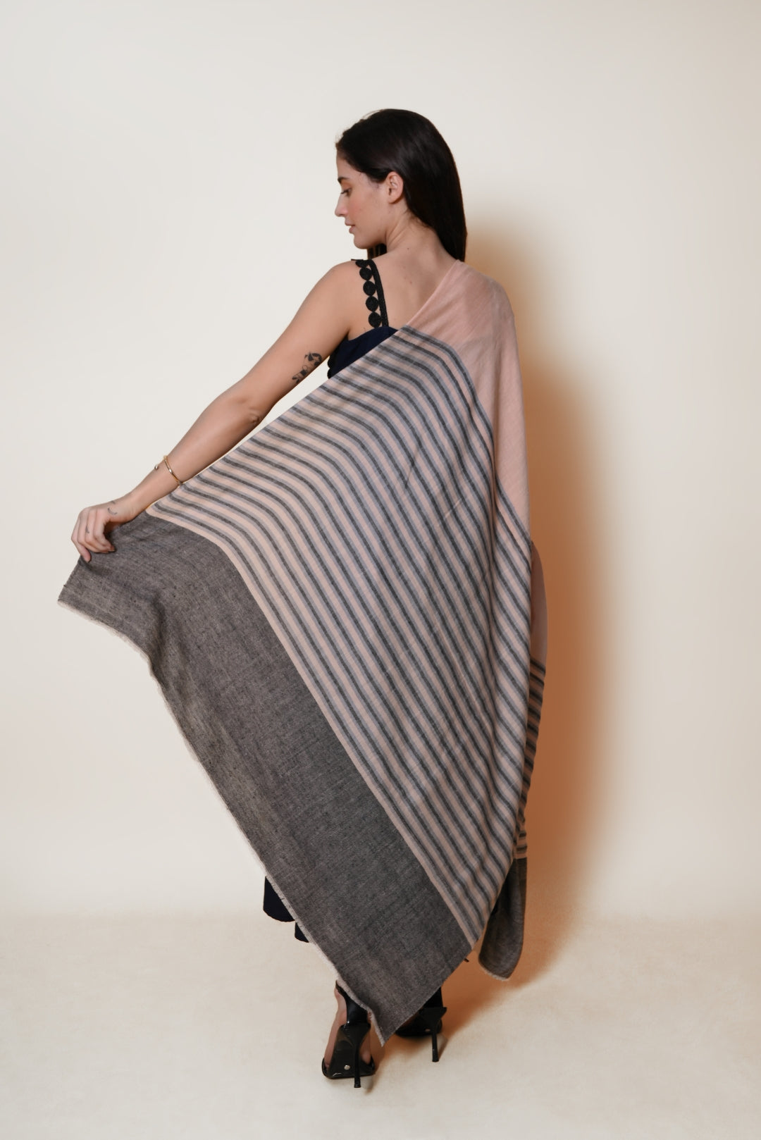 Grey and Peach Striped Pashmina Shawl
