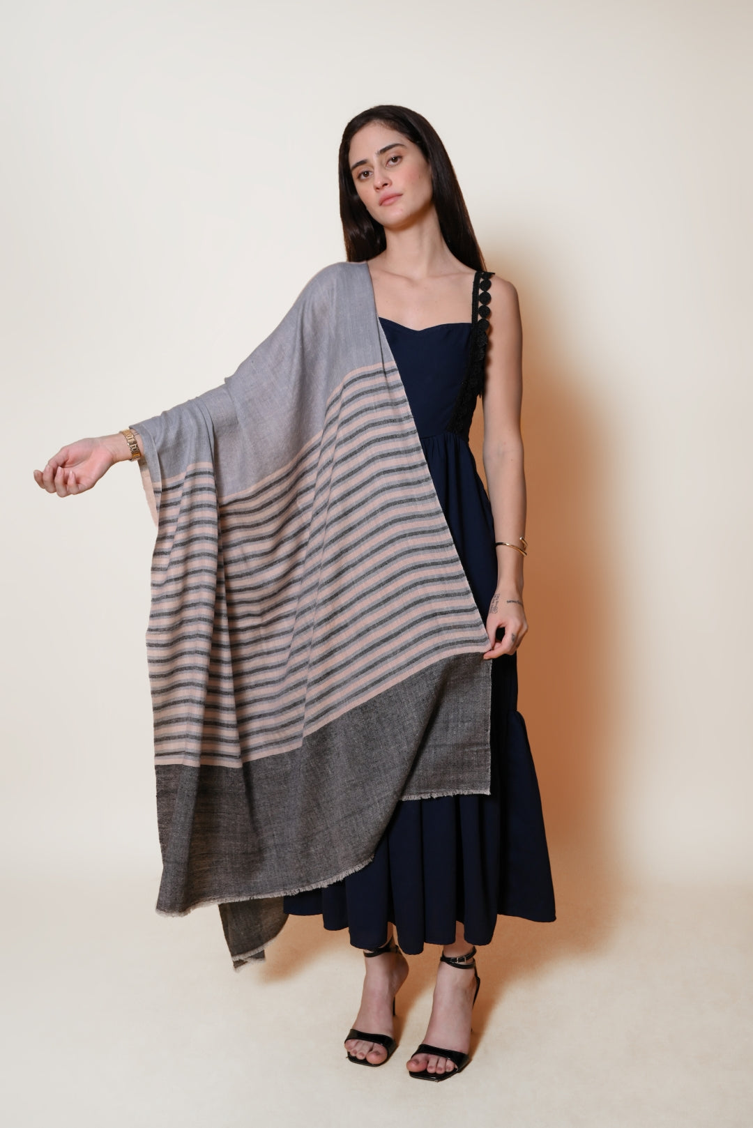 Grey and Peach Striped Pashmina Shawl