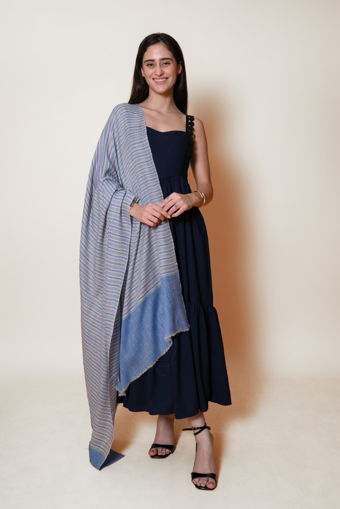 Green, Pink and Blue Striped Pashmina Shawl