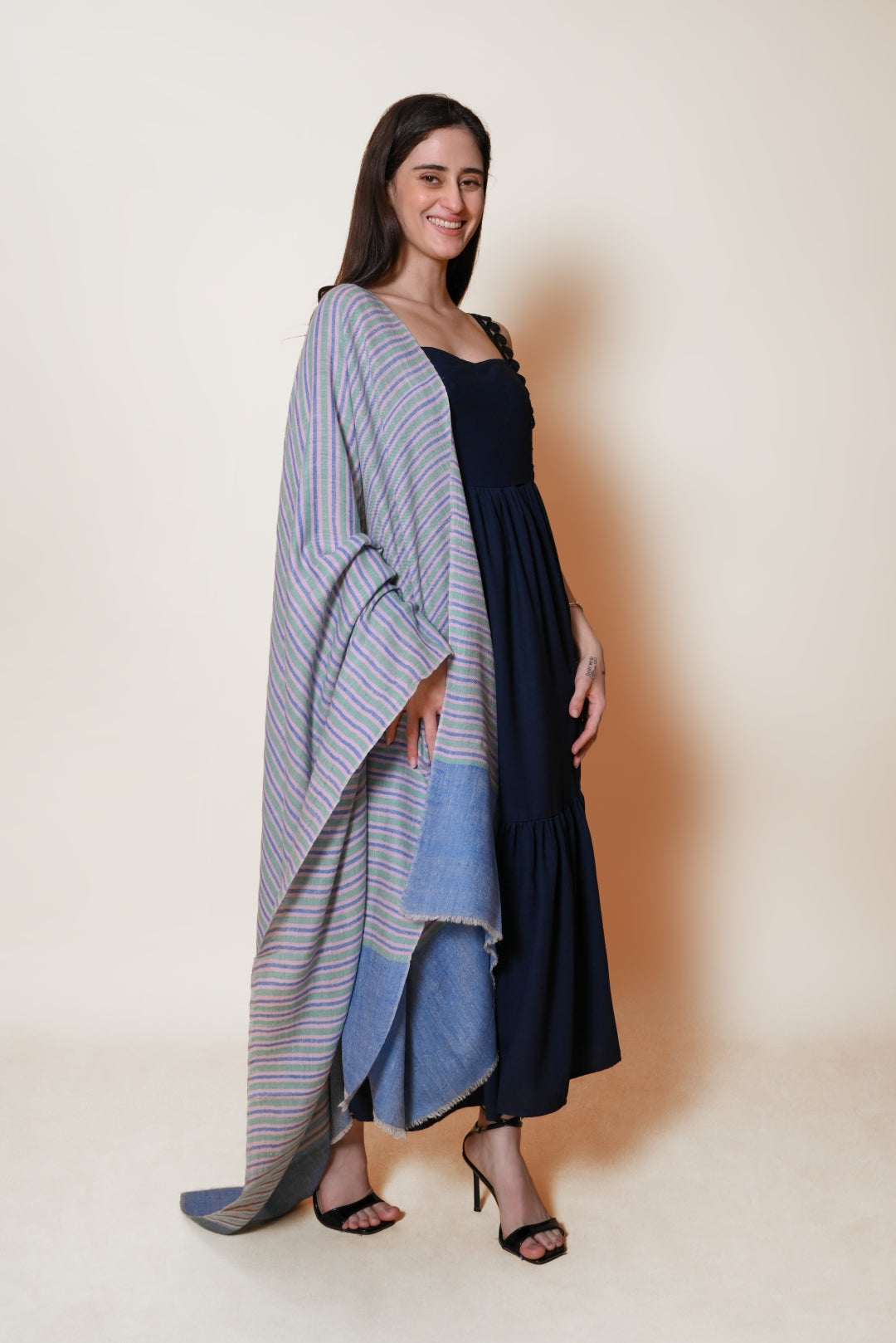 Green, Pink and Blue Striped Pashmina Shawl