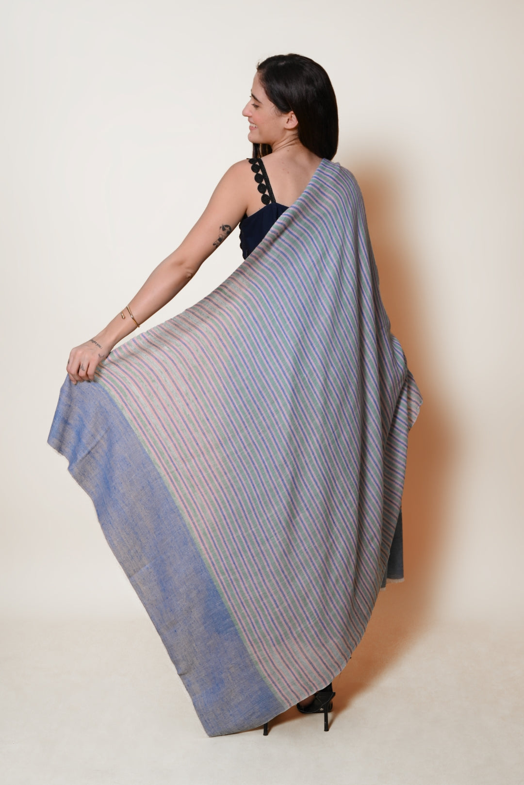 Green, Pink and Blue Striped Pashmina Shawl