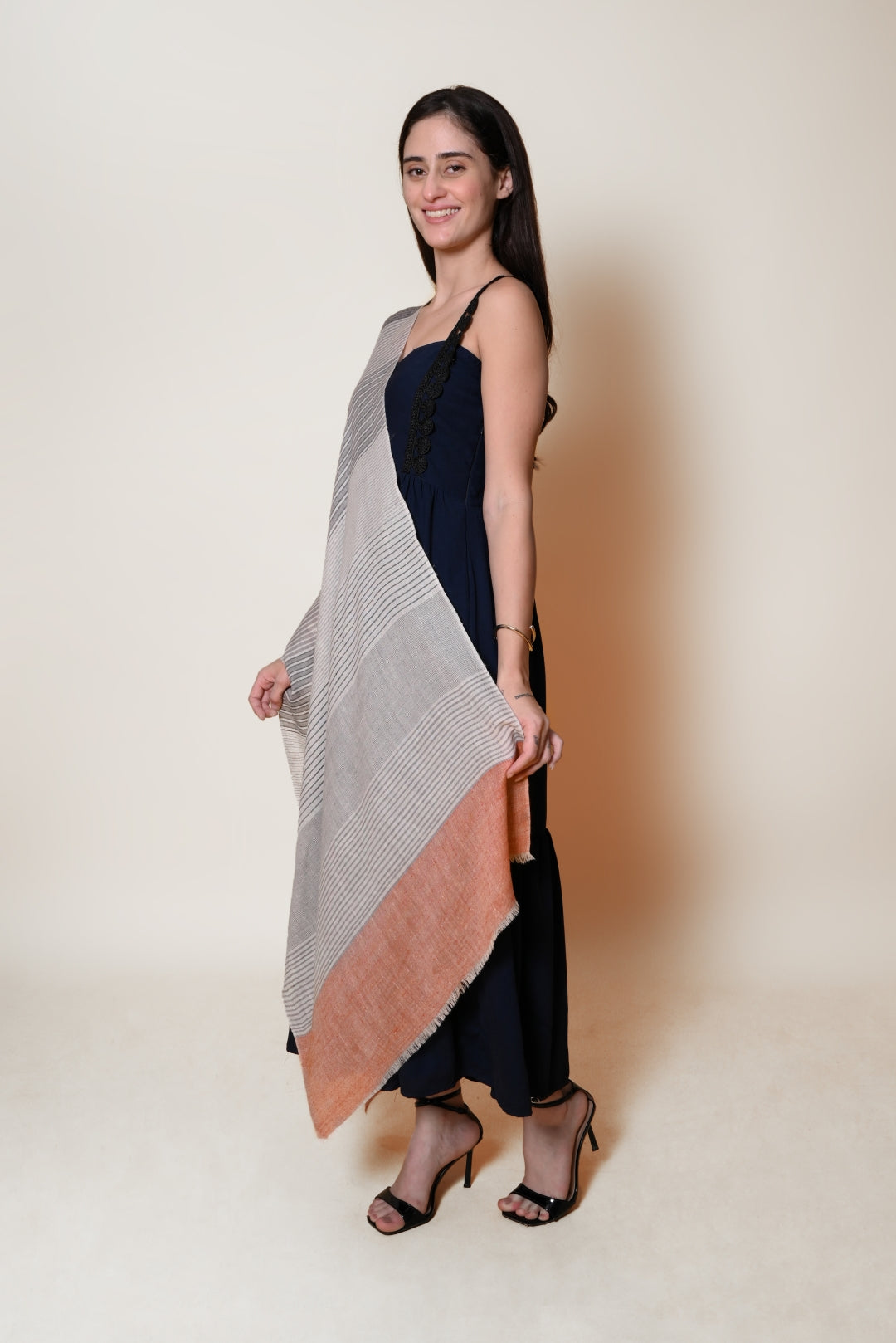 White, Grey and Orange Stripes Pashmina Wrap