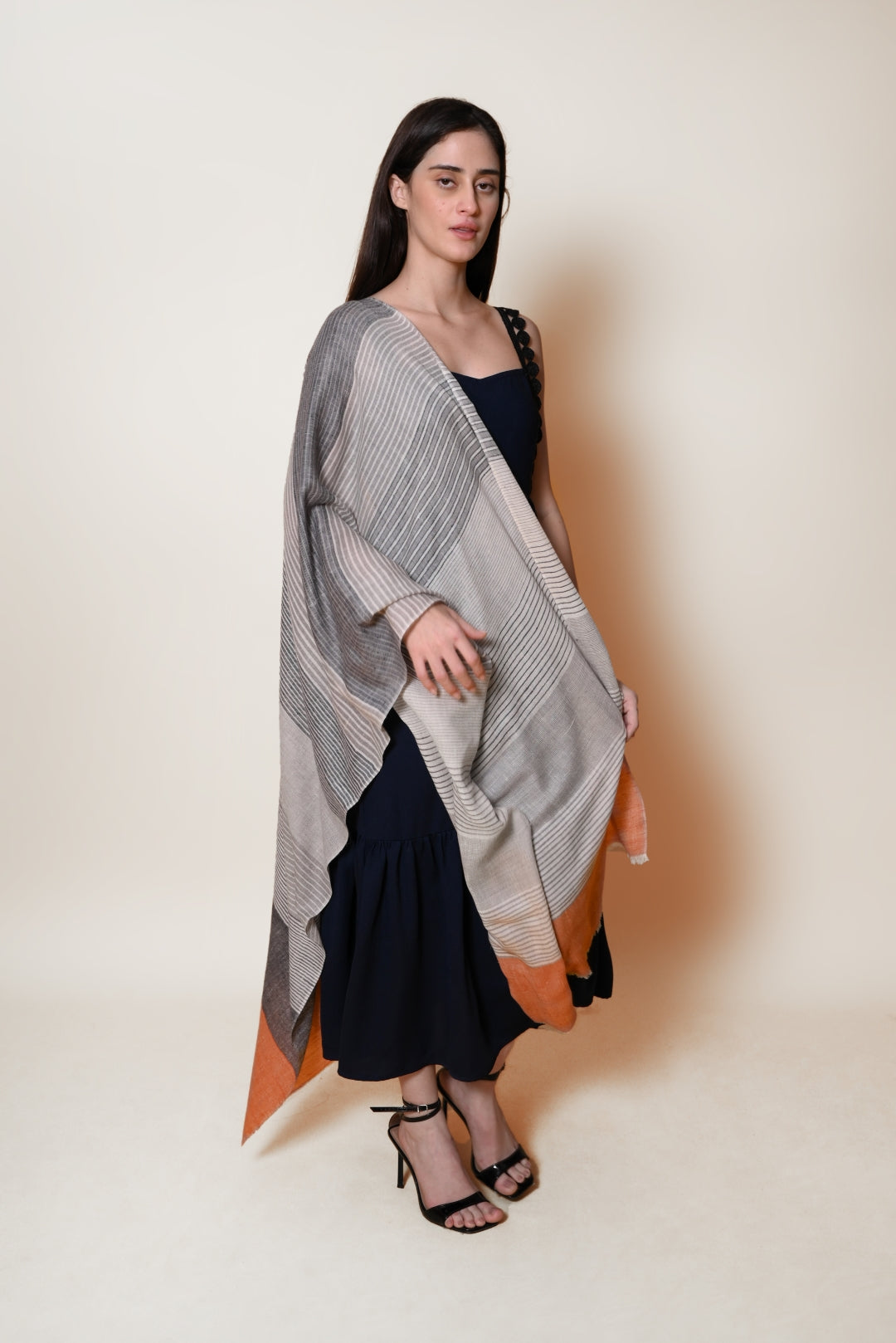 White, Grey and Orange Stripes Pashmina Wrap