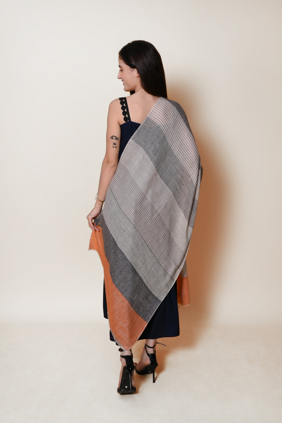 White, Grey and Orange Stripes Pashmina Wrap