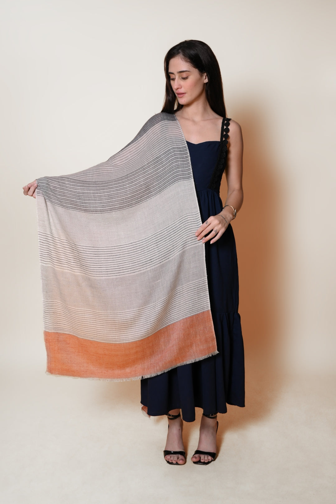 White, Grey and Orange Stripes Pashmina Wrap