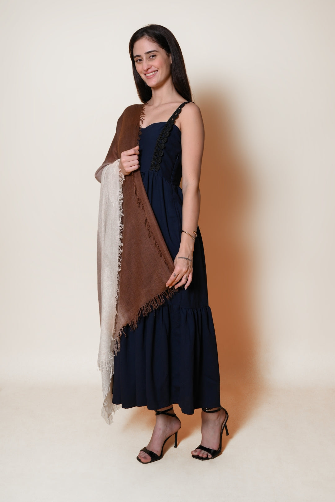 Ivory and Brown Ombre Handspun Pashmina Shawl