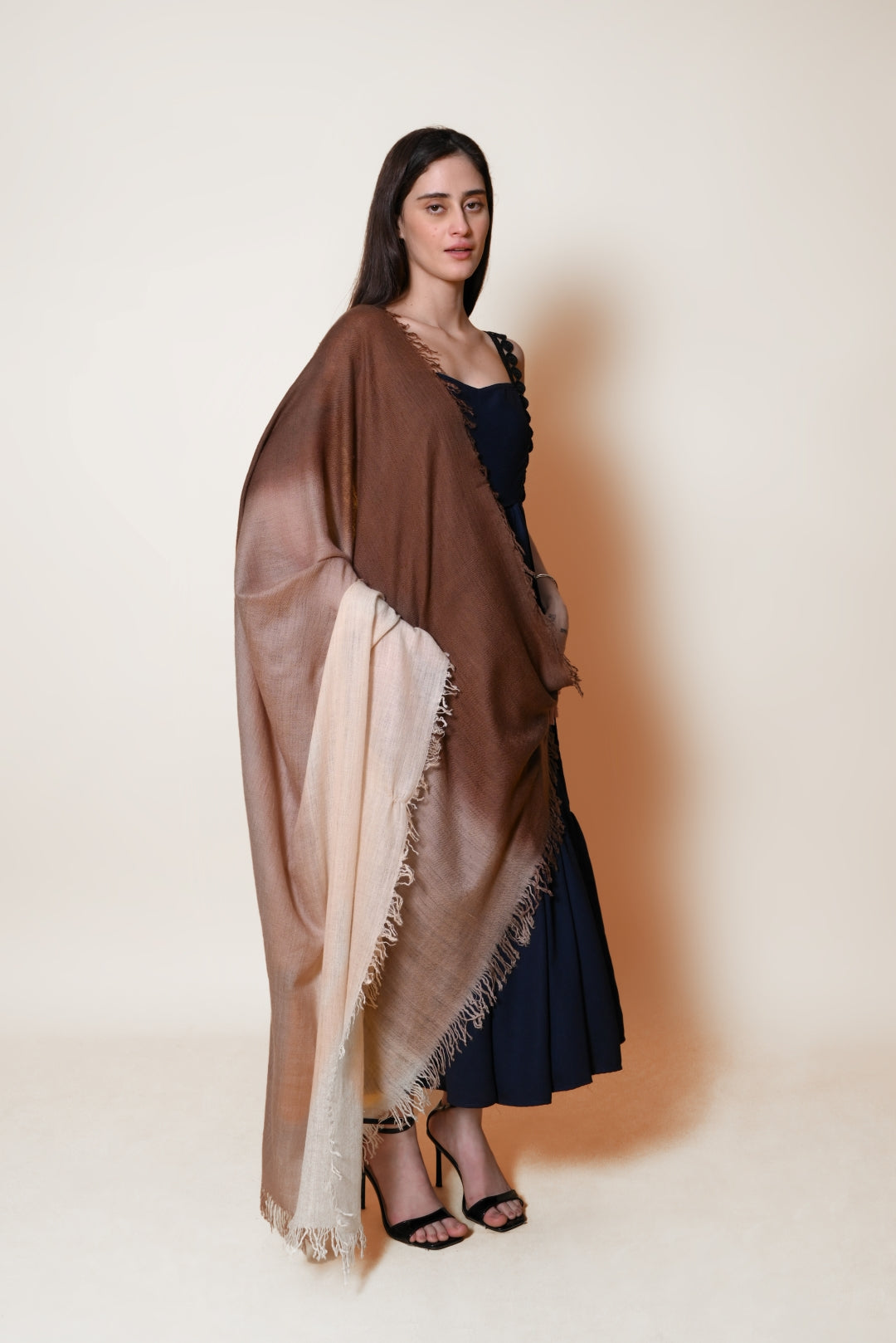 Ivory and Brown Ombre Handspun Pashmina Shawl