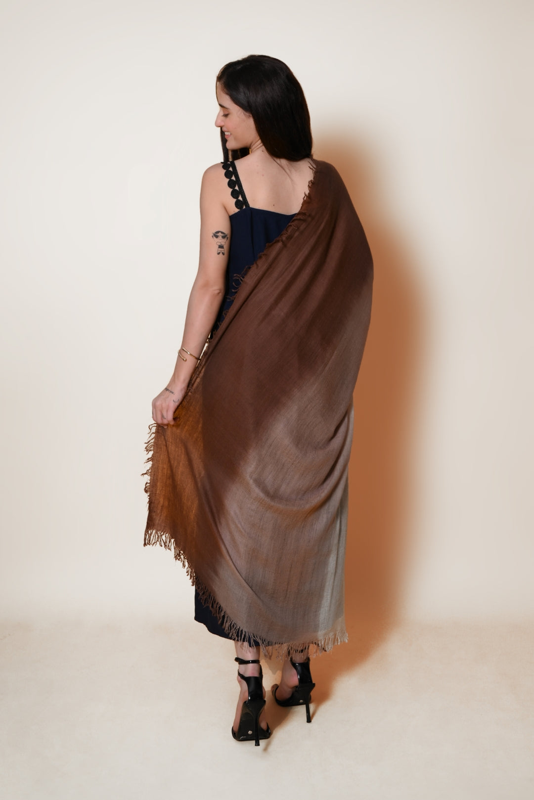 Ivory and Brown Ombre Handspun Pashmina Shawl