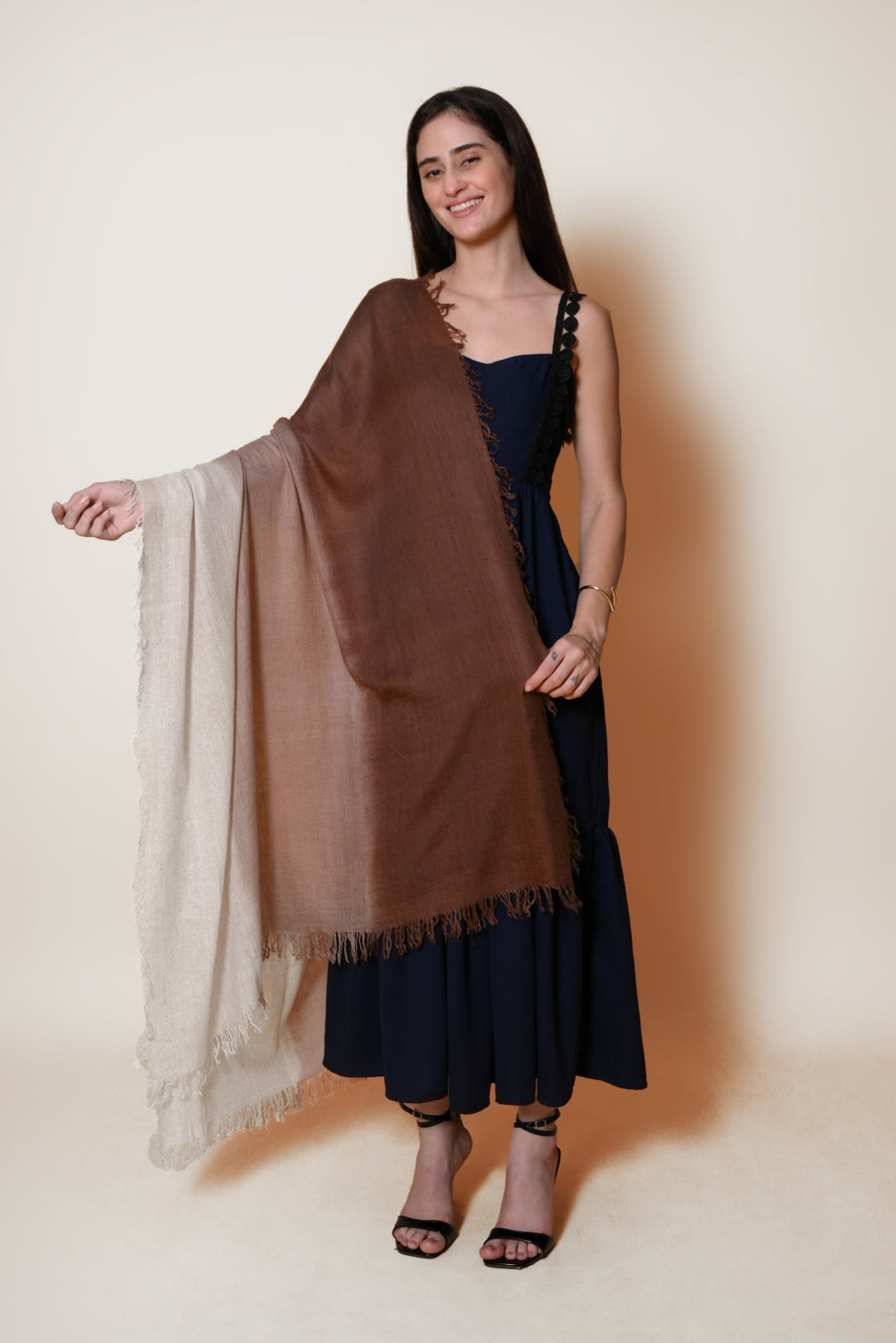 Ivory and Brown Ombre Handspun Pashmina Shawl