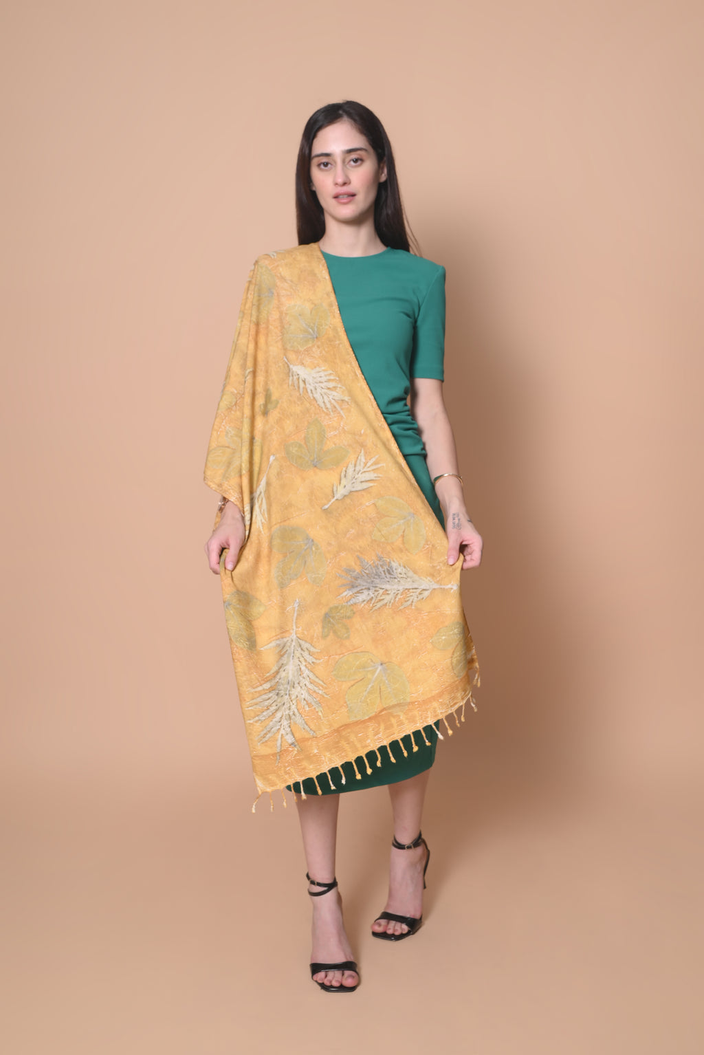 Light Yellow Organic Leaves Dyed Eri Silk Stole