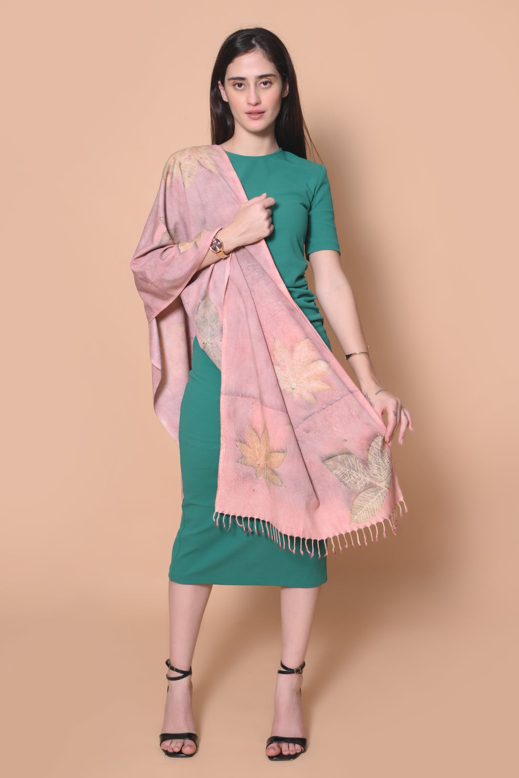 Peach Organic Leaves Dyed Eri Silk Stole