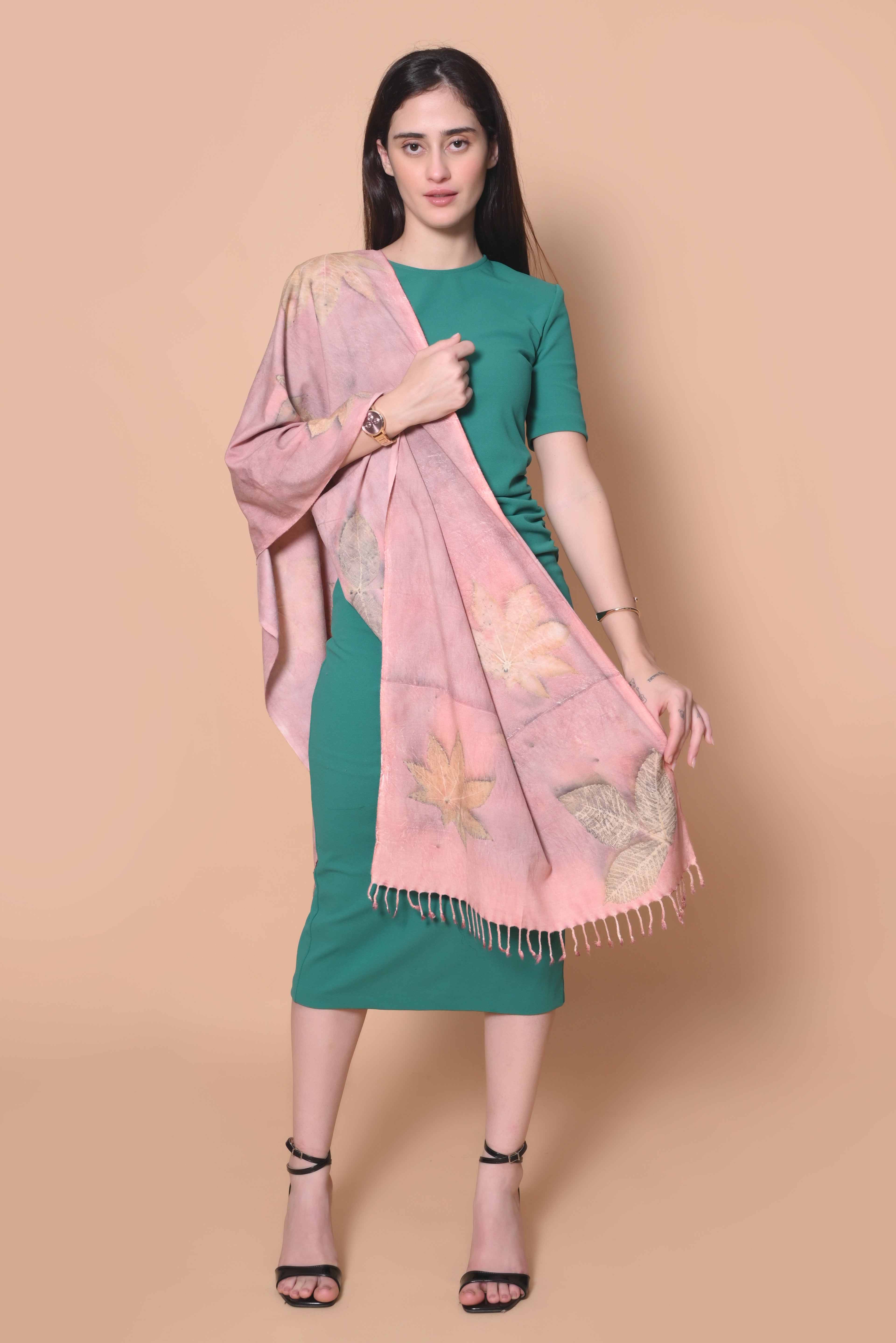 Peach Organic Leaves Dyed Eri Silk Stole