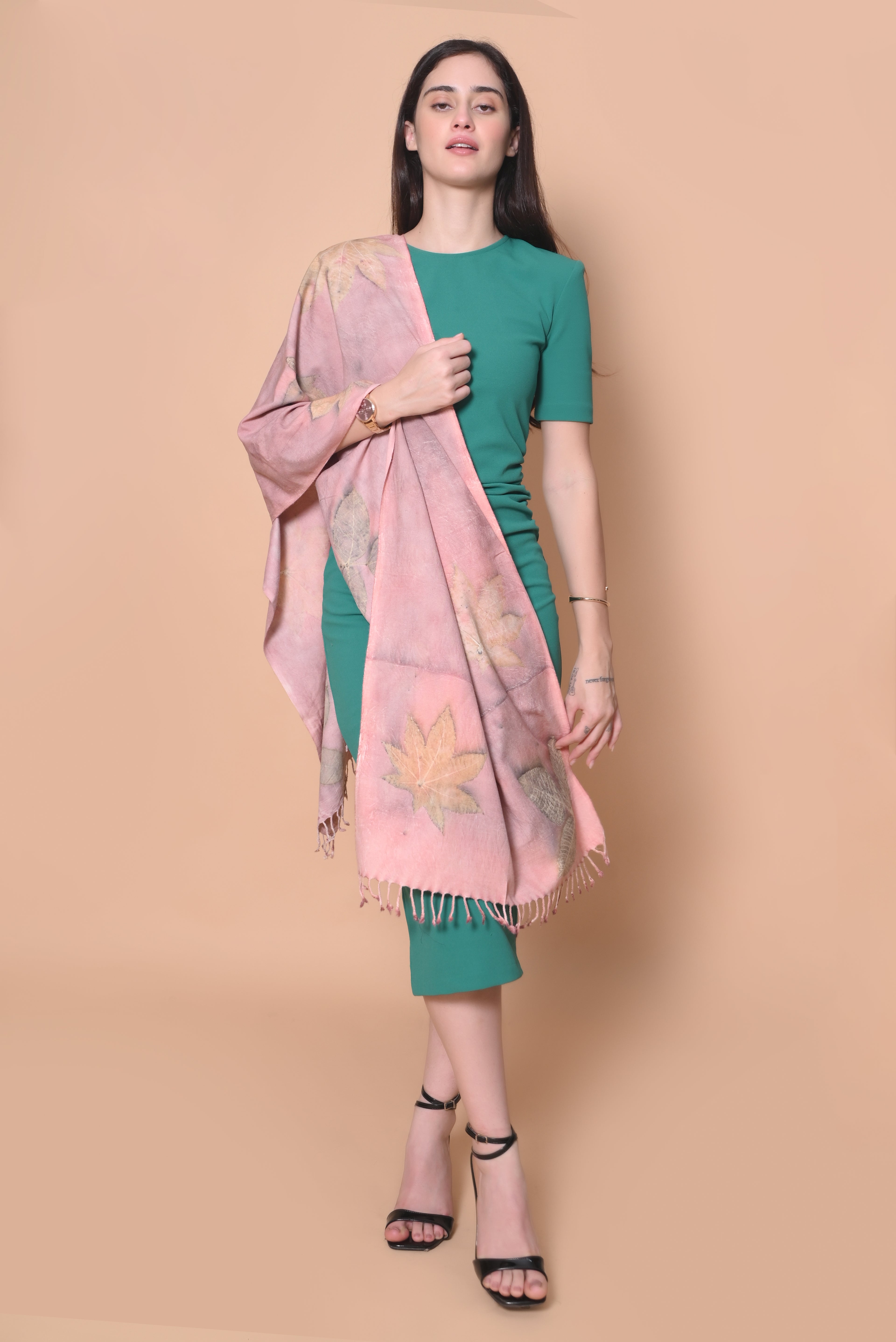 Peach Organic Leaves Dyed Eri Silk Stole