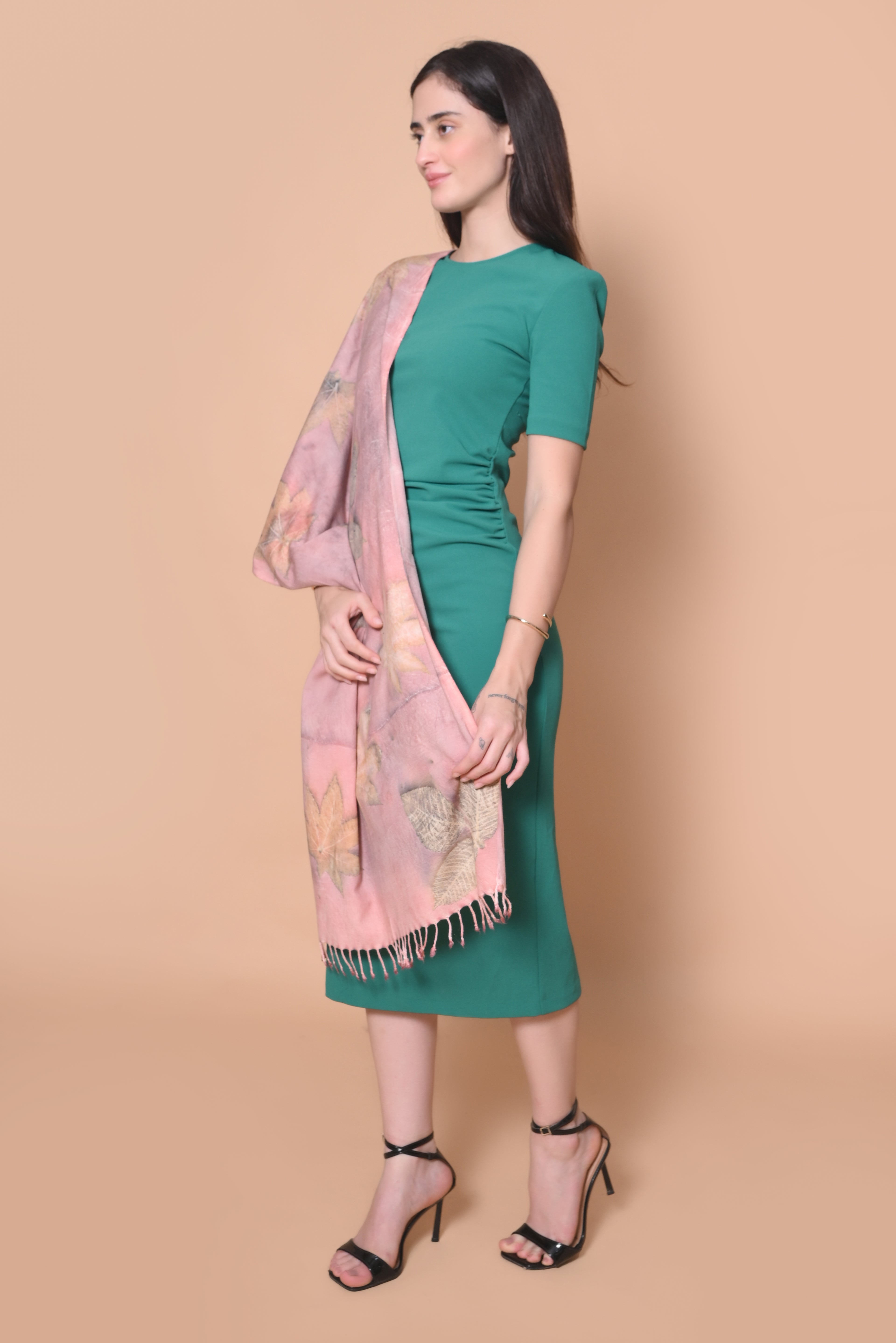 Peach Organic Leaves Dyed Eri Silk Stole