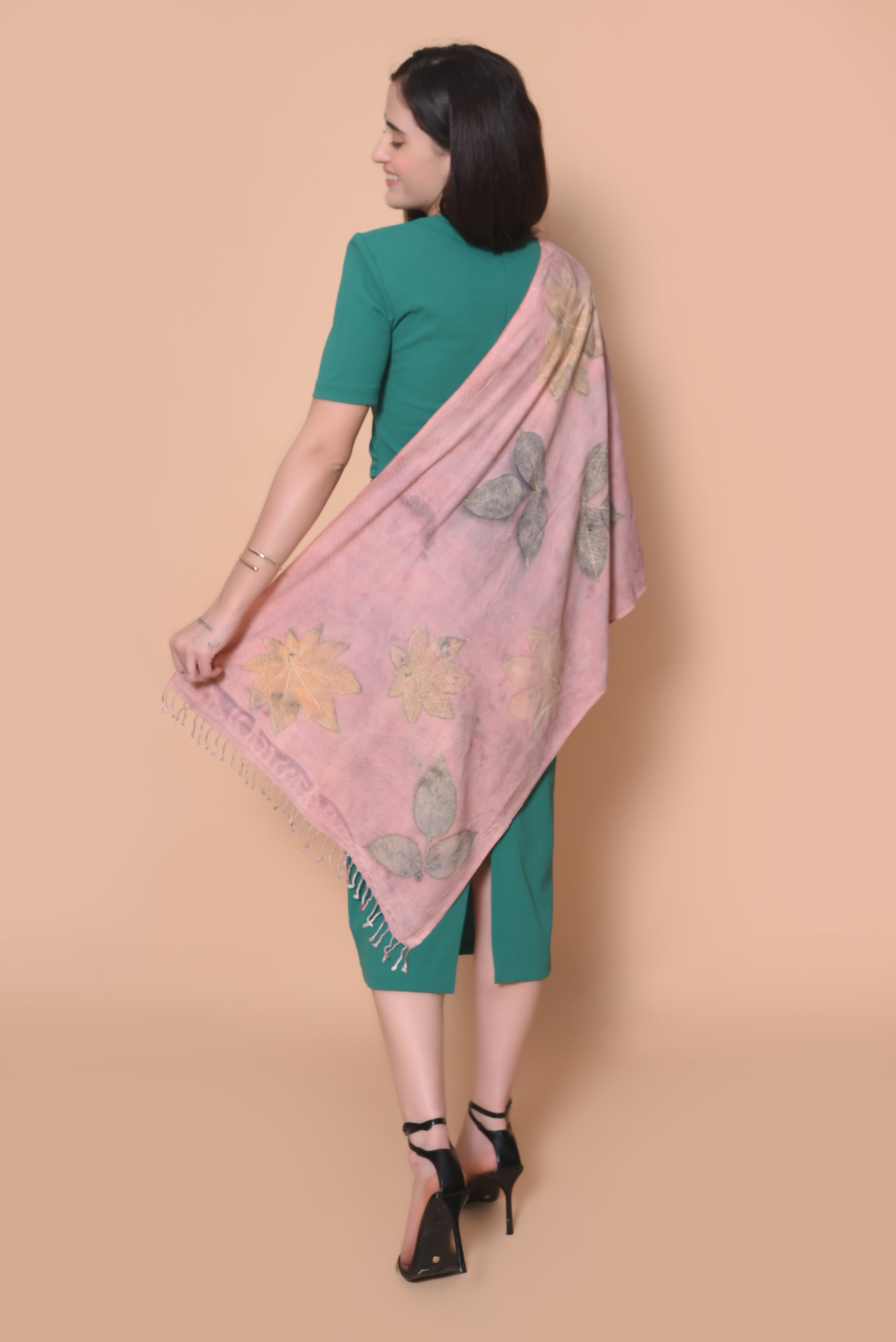 Peach Organic Leaves Dyed Eri Silk Stole
