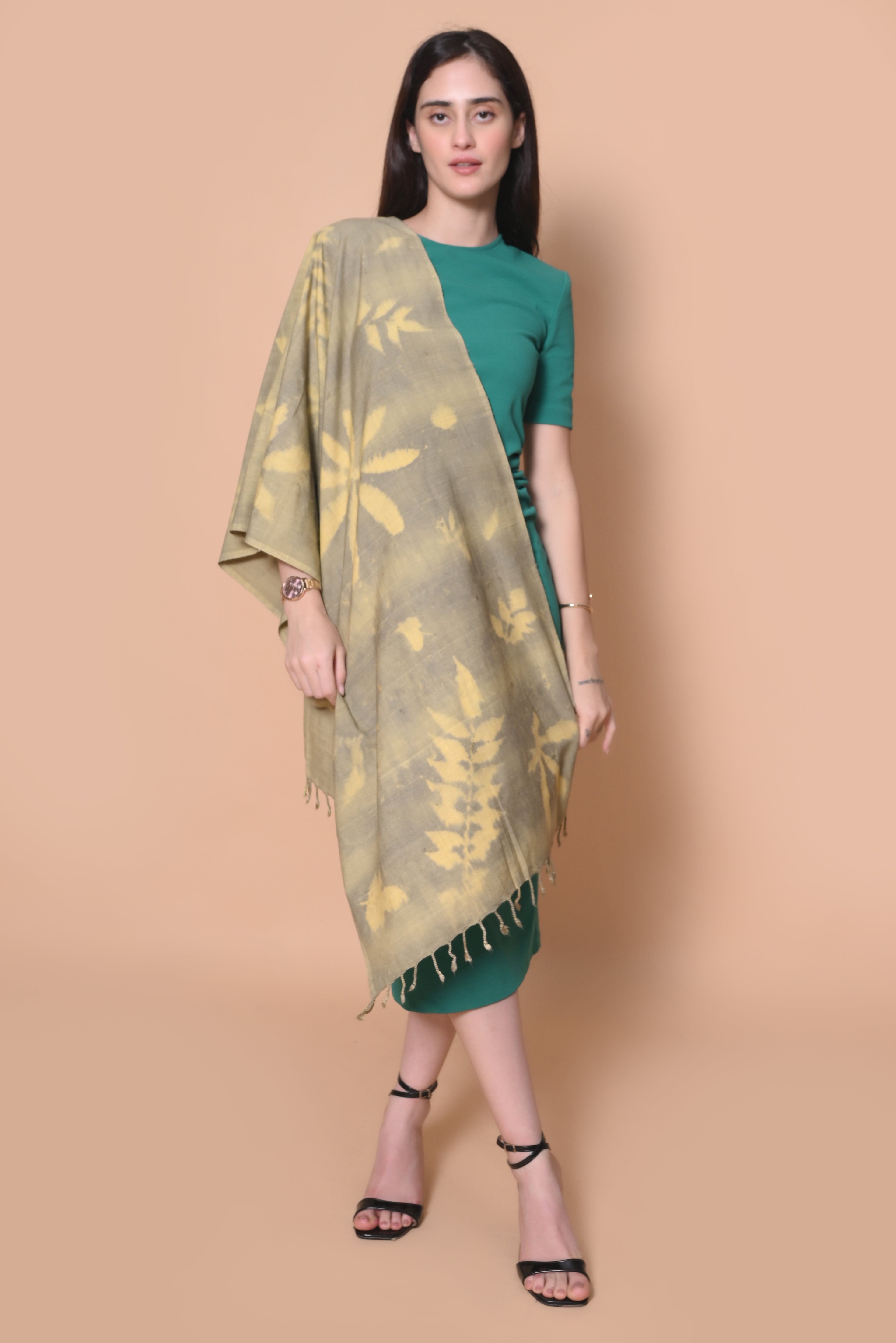 Green & Yellow Organic Leaves Dyed Eri Silk Stole