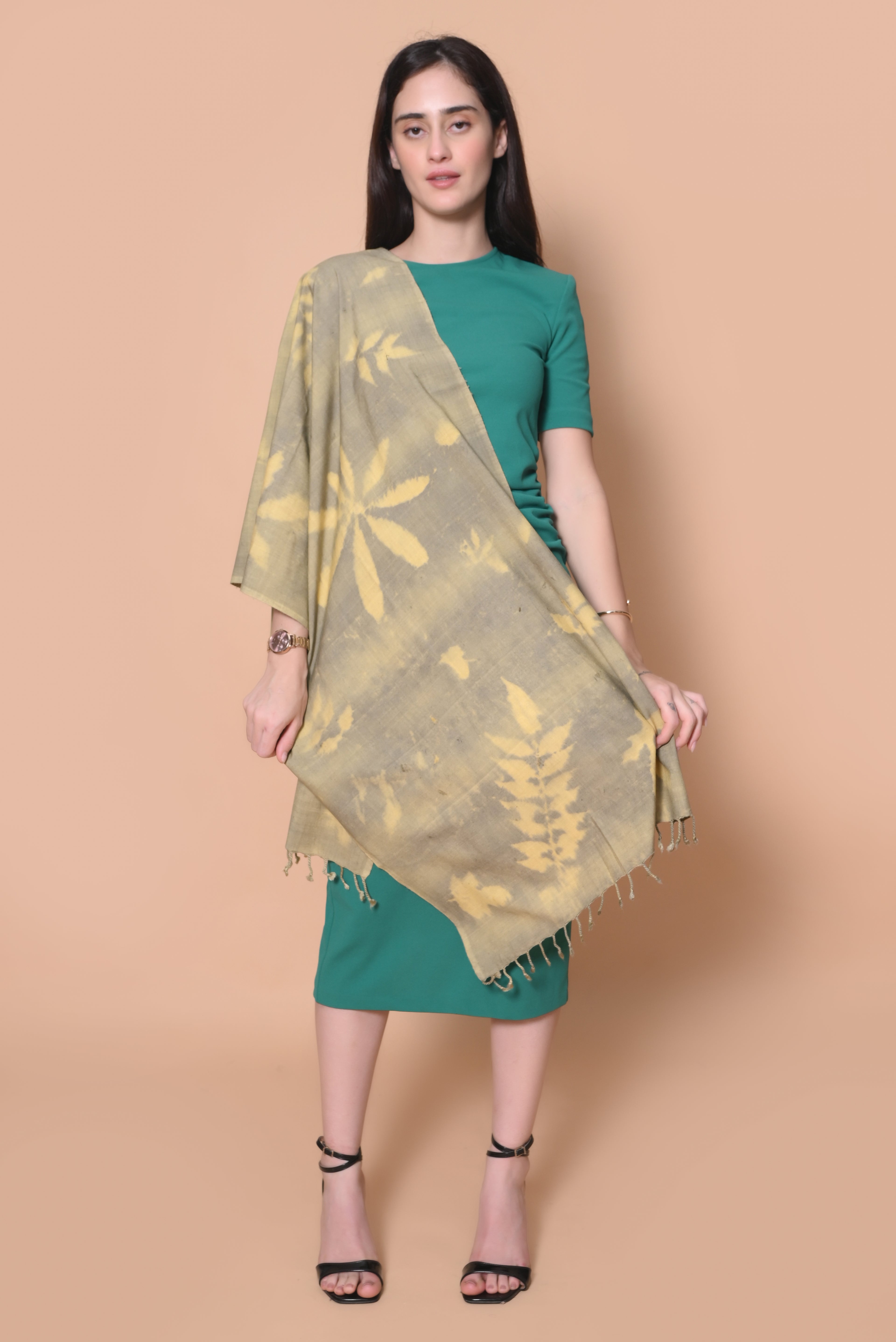 Green & Yellow Organic Leaves Dyed Eri Silk Stole