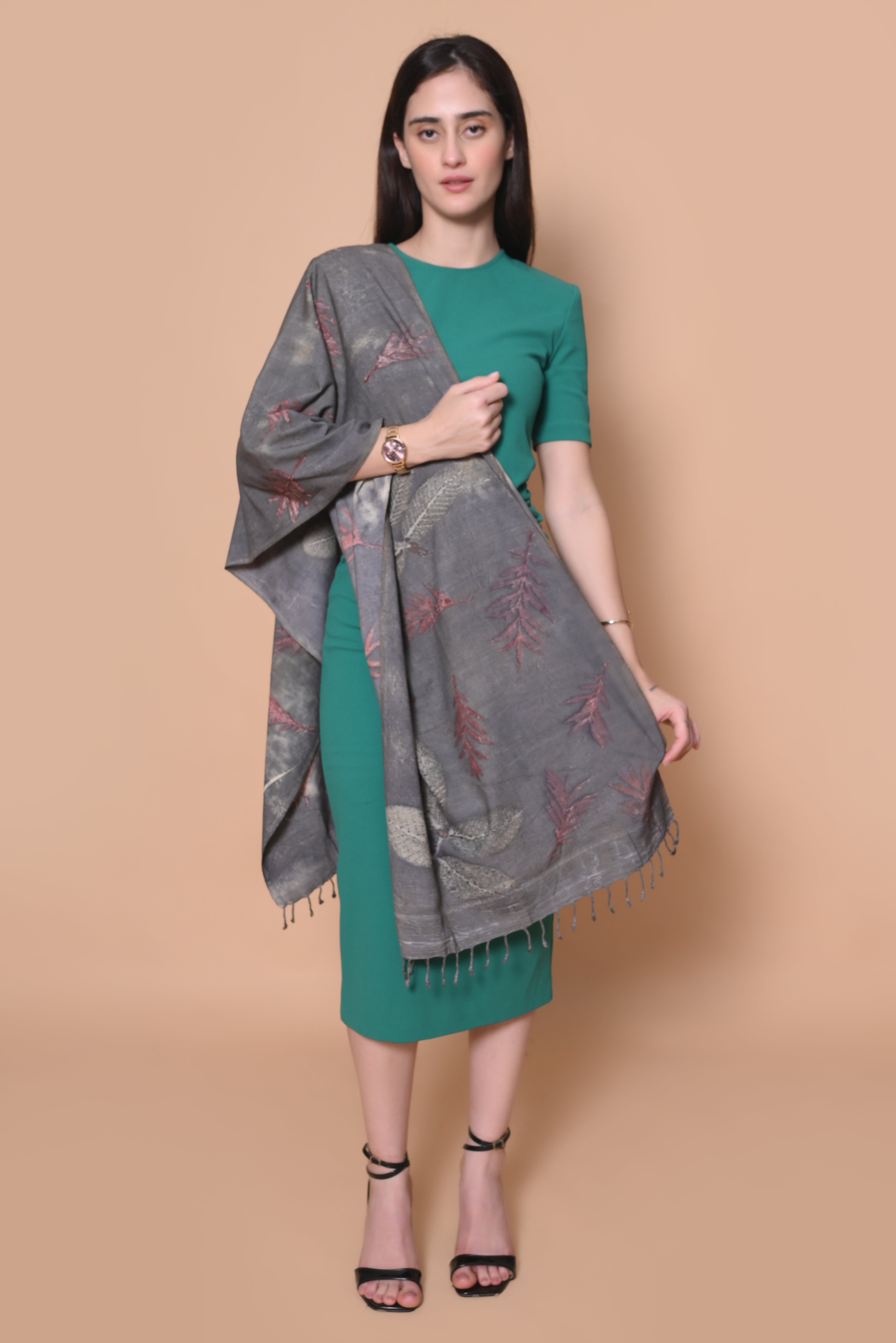 Grey Organic Leaves Dyed Eri Silk Stole