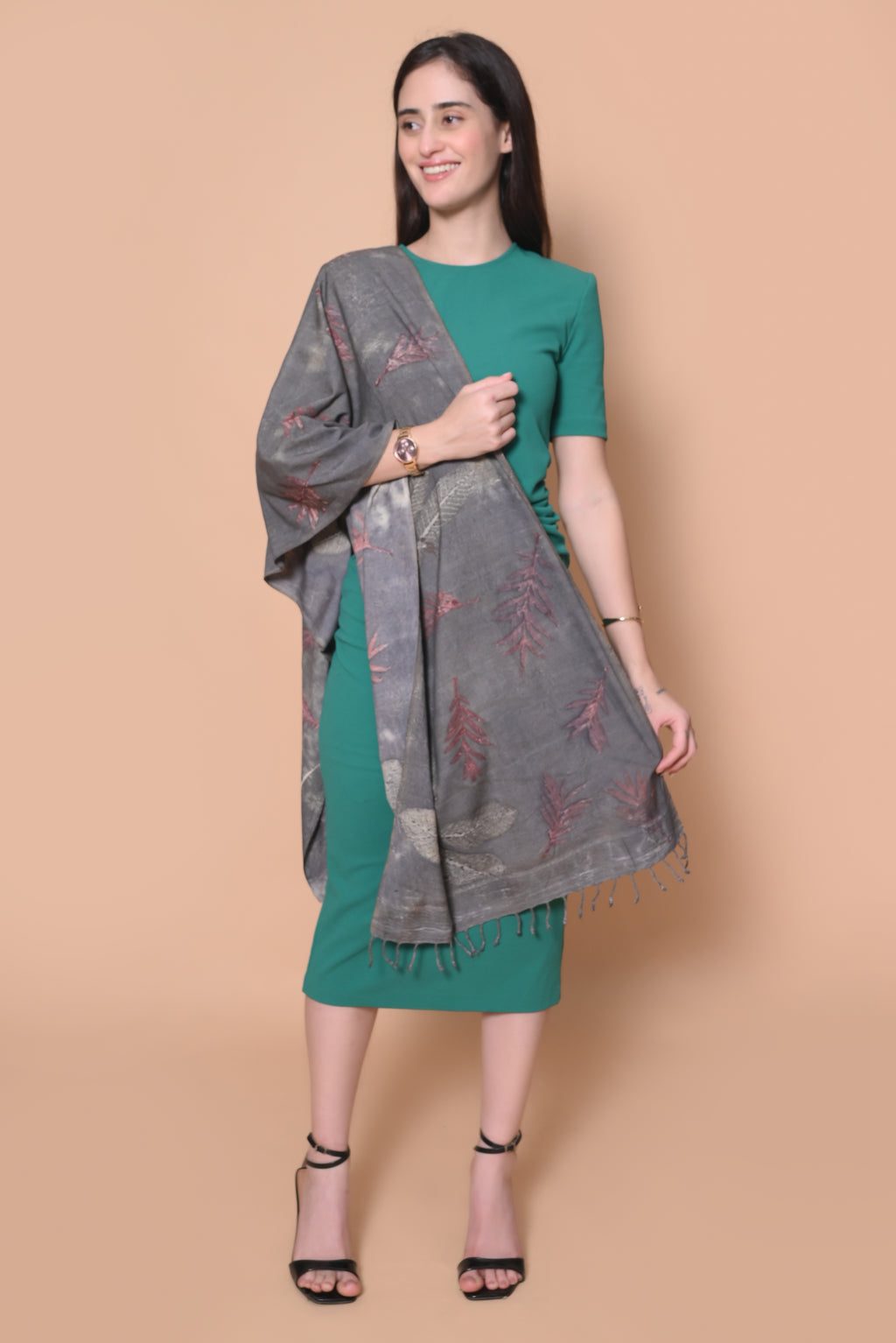 Grey Organic Leaves Dyed Eri Silk Stole