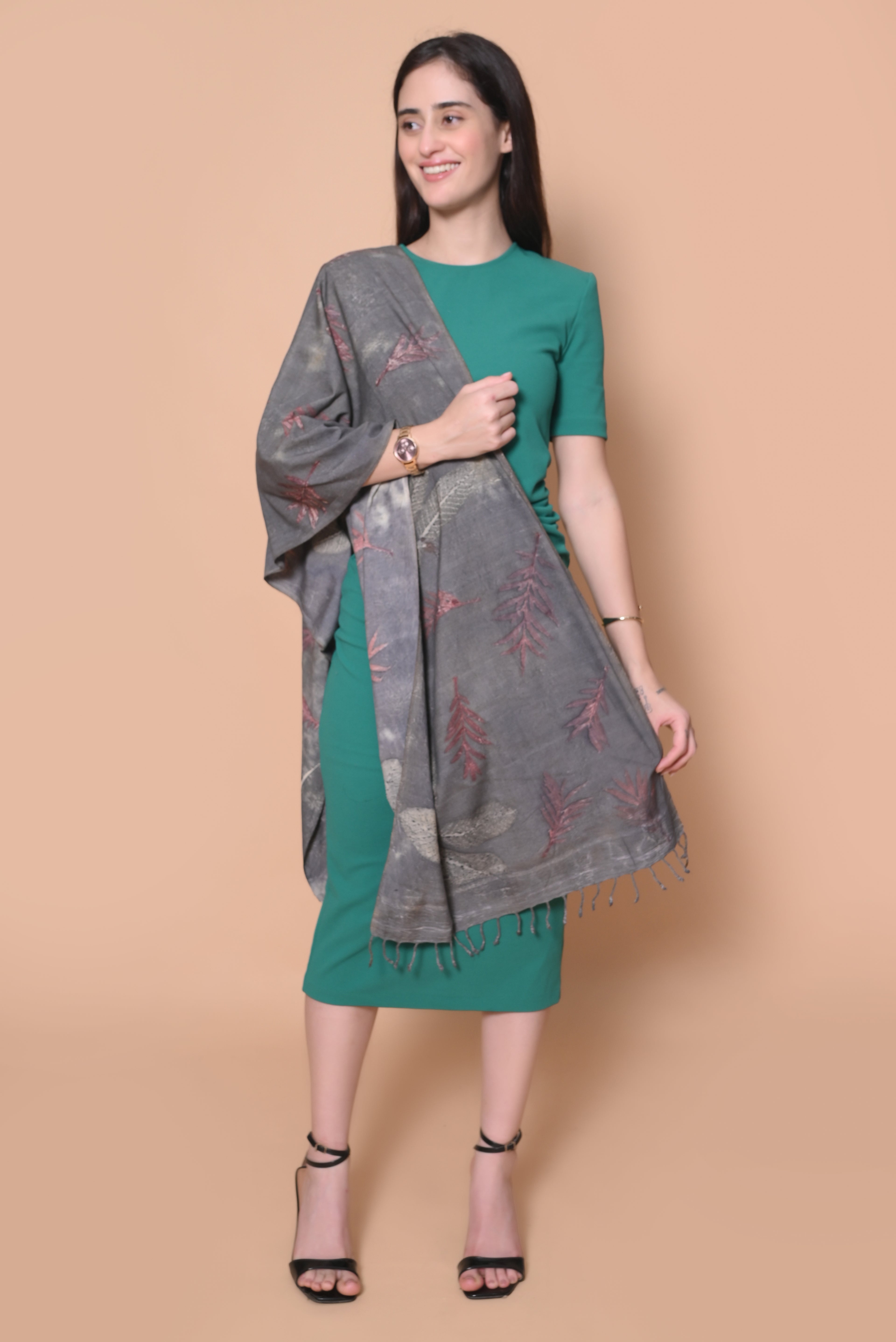 Grey Organic Leaves Dyed Eri Silk Stole