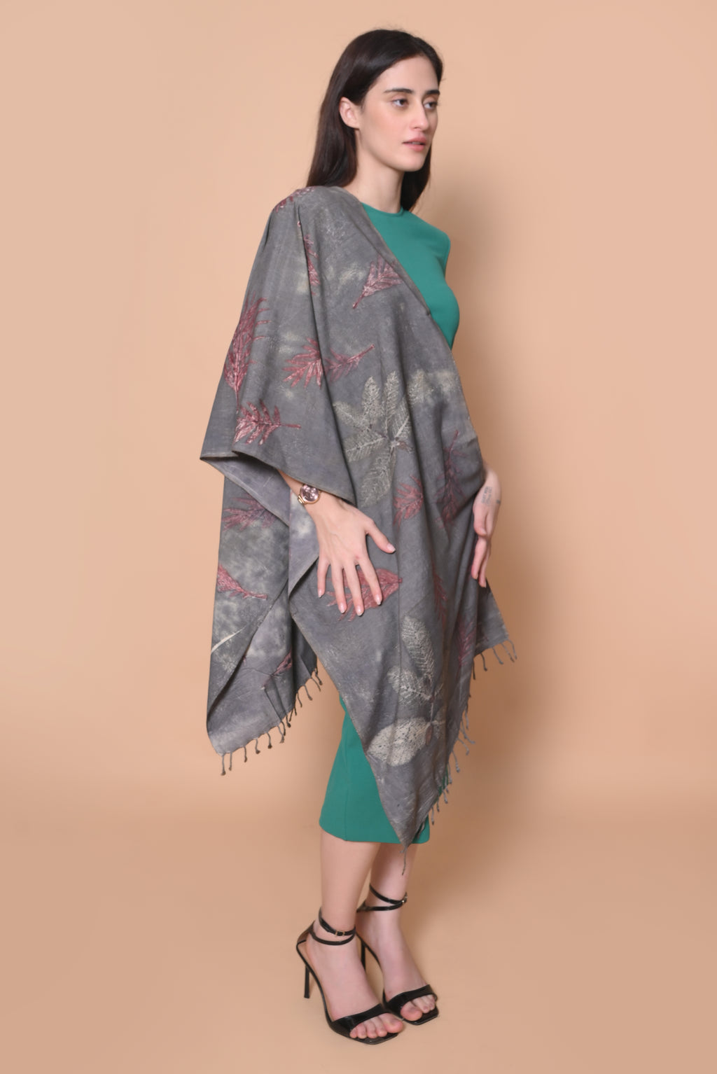 Grey Organic Leaves Dyed Eri Silk Stole