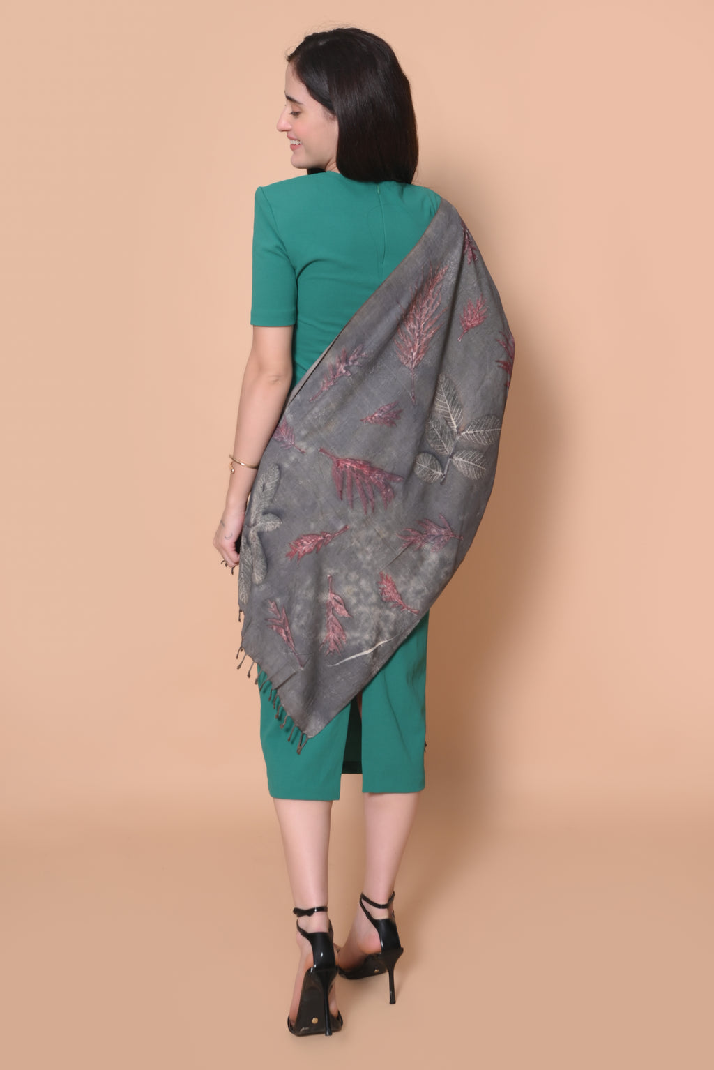 Grey Organic Leaves Dyed Eri Silk Stole