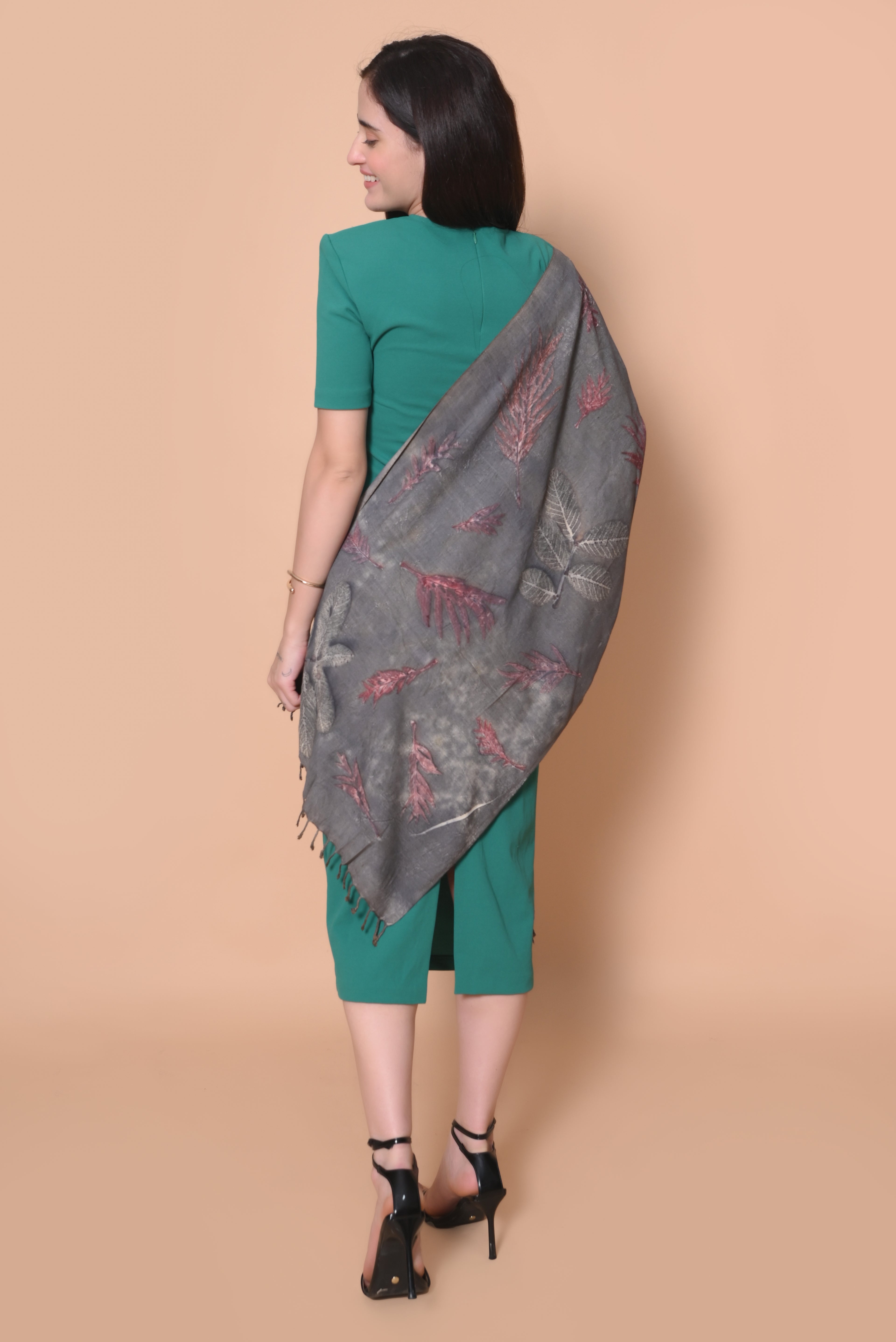 Grey Organic Leaves Dyed Eri Silk Stole