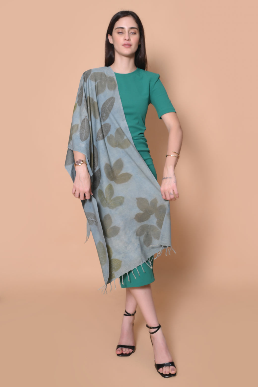 Blue Organic Leaves Dyed Eri Silk Stole