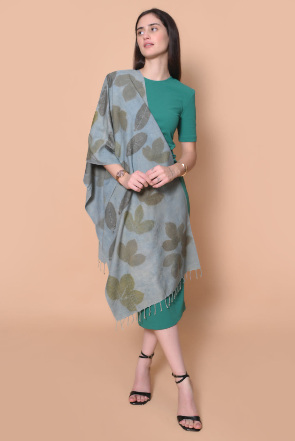 Blue Organic Leaves Dyed Eri Silk Stole