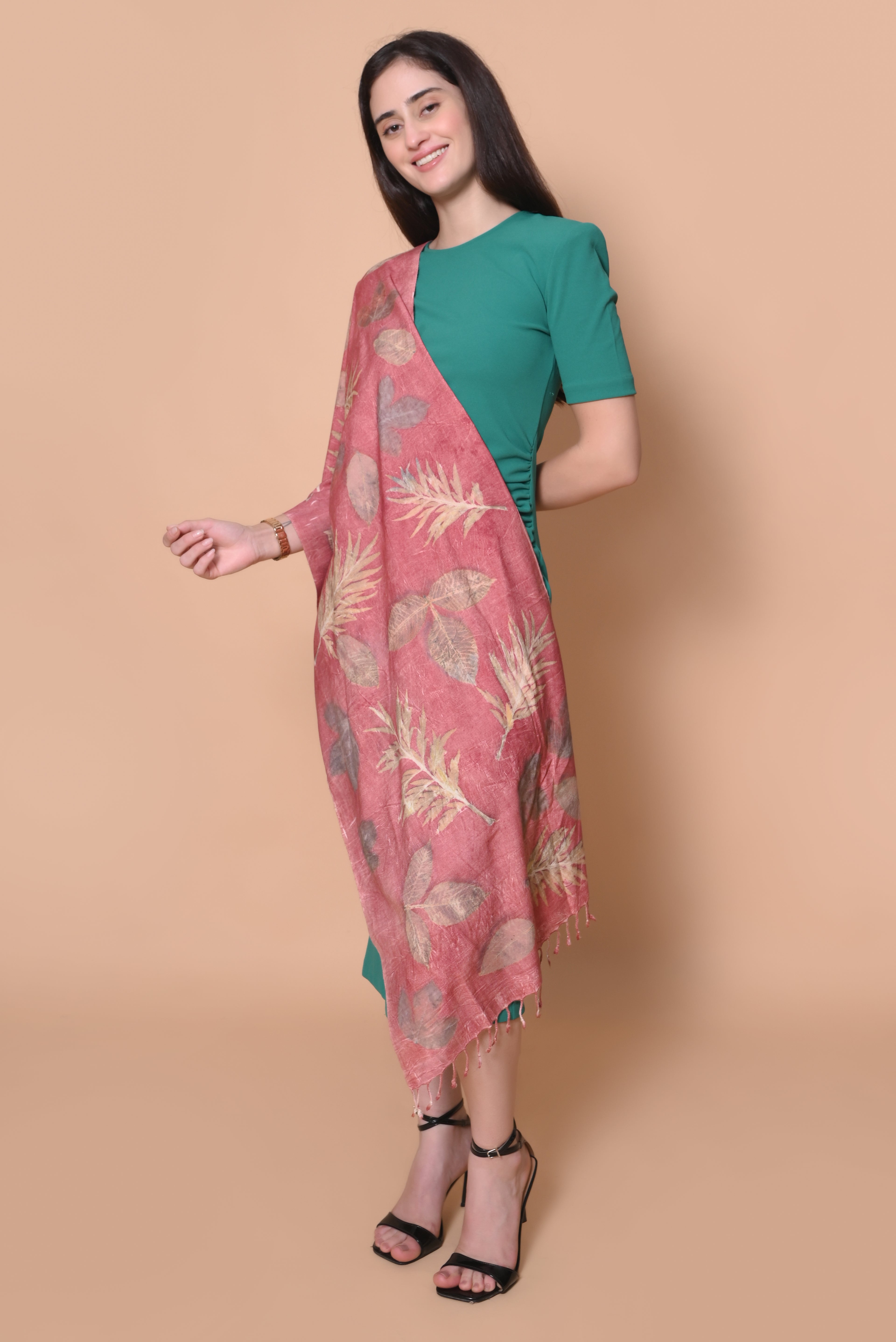 Red Organic Leaves Dyed Eri Silk Stole