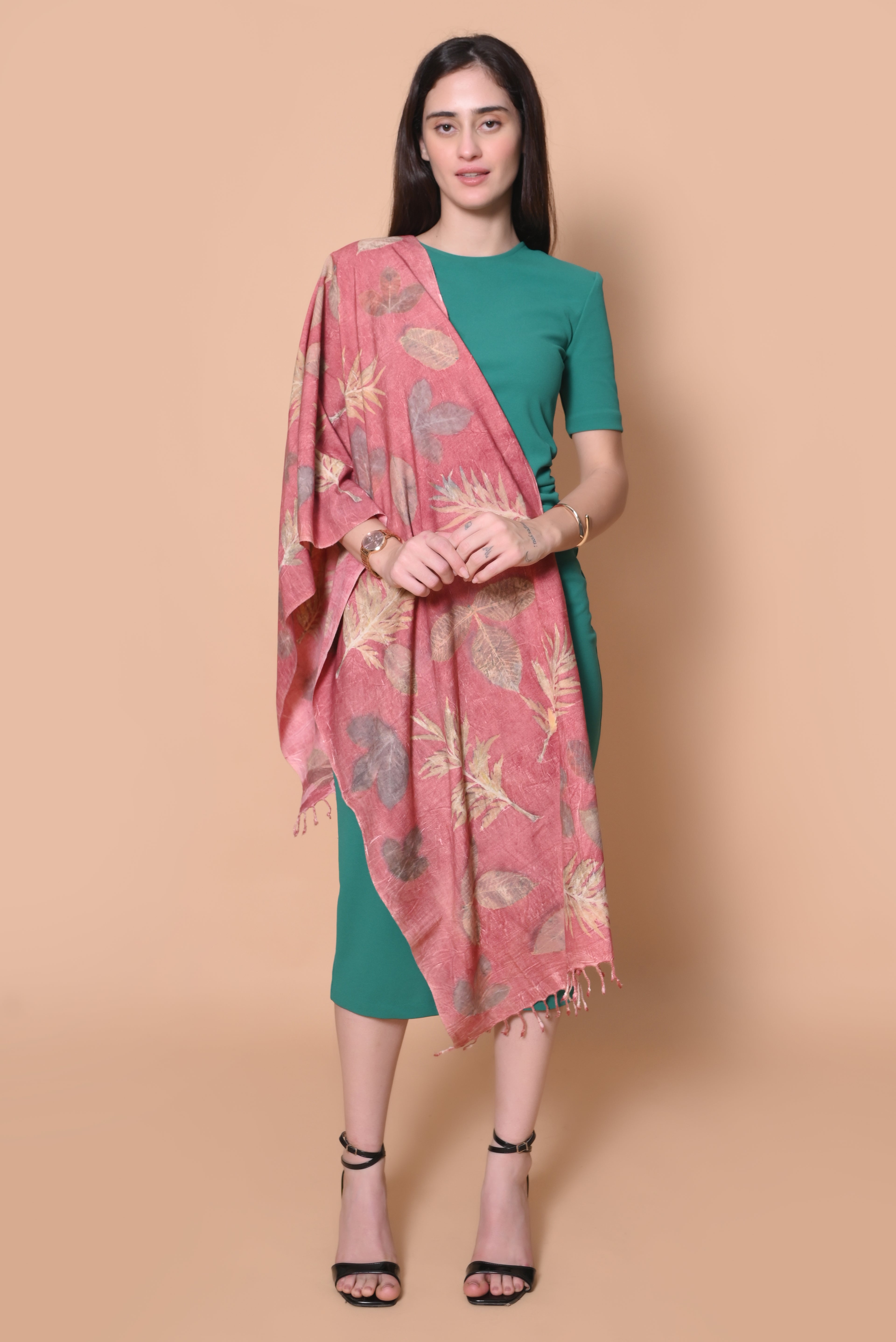 Red Organic Leaves Dyed Eri Silk Stole