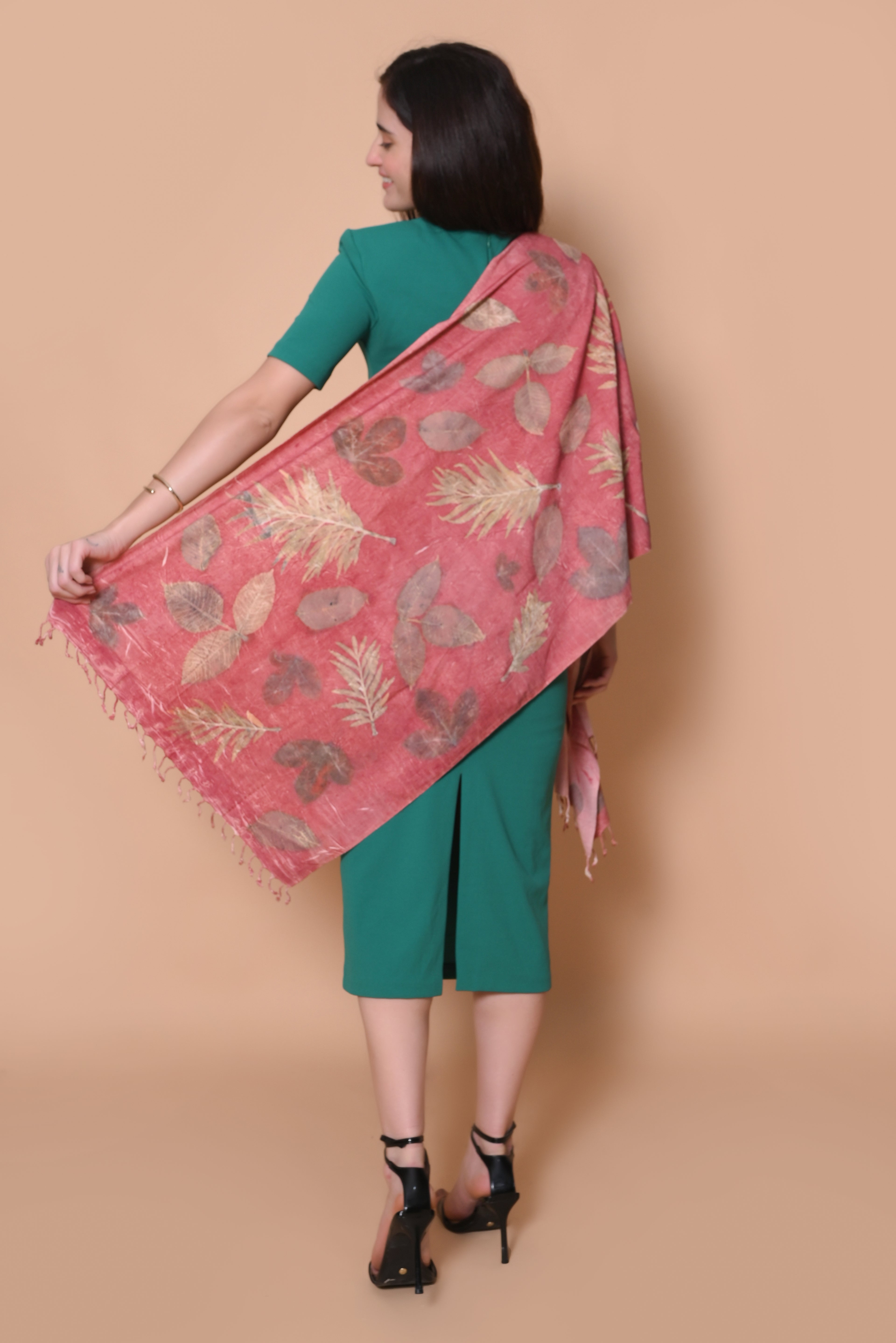 Red Organic Leaves Dyed Eri Silk Stole