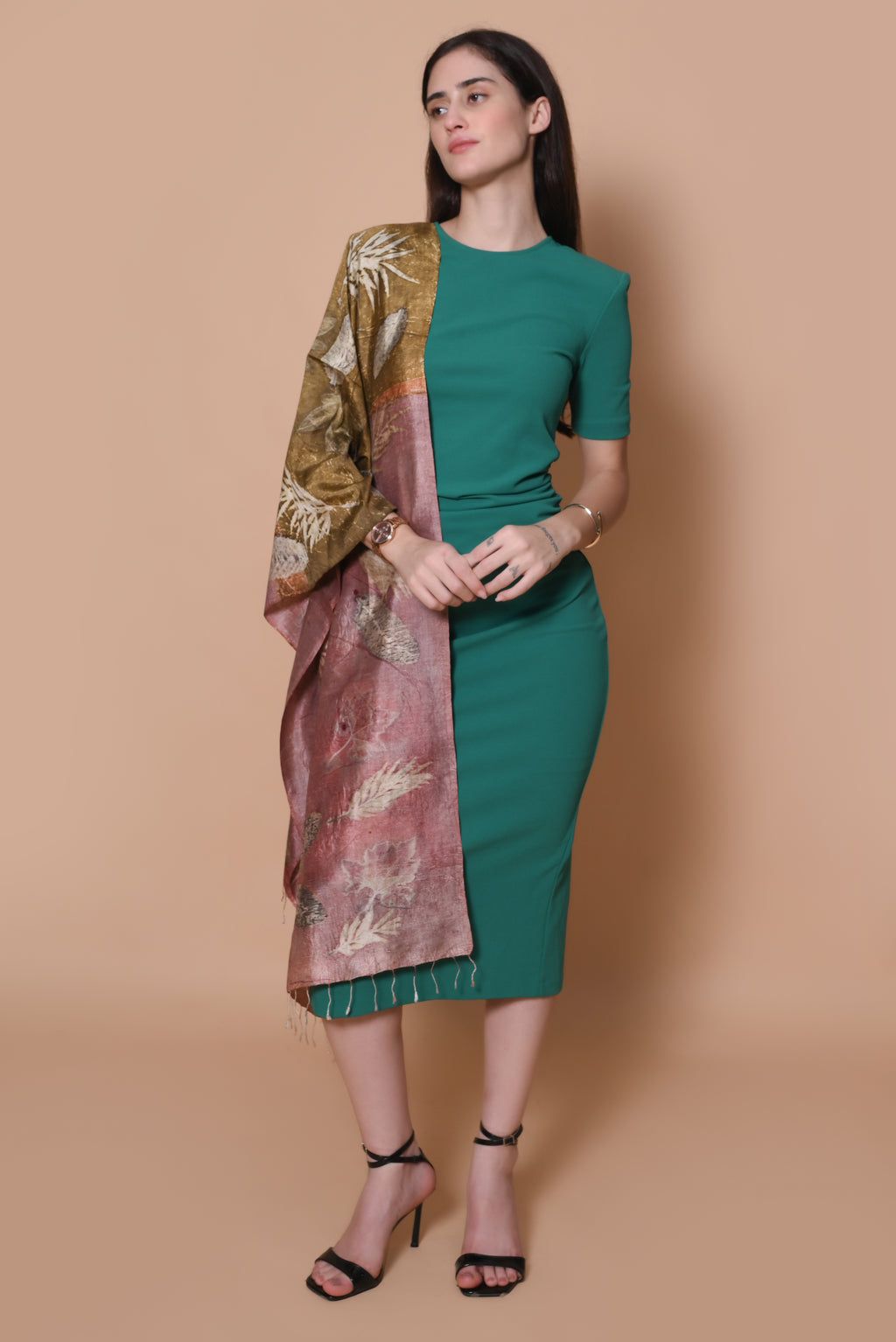 Pink and Gold Organic Leaves Dyed Mulberry Silk Stole