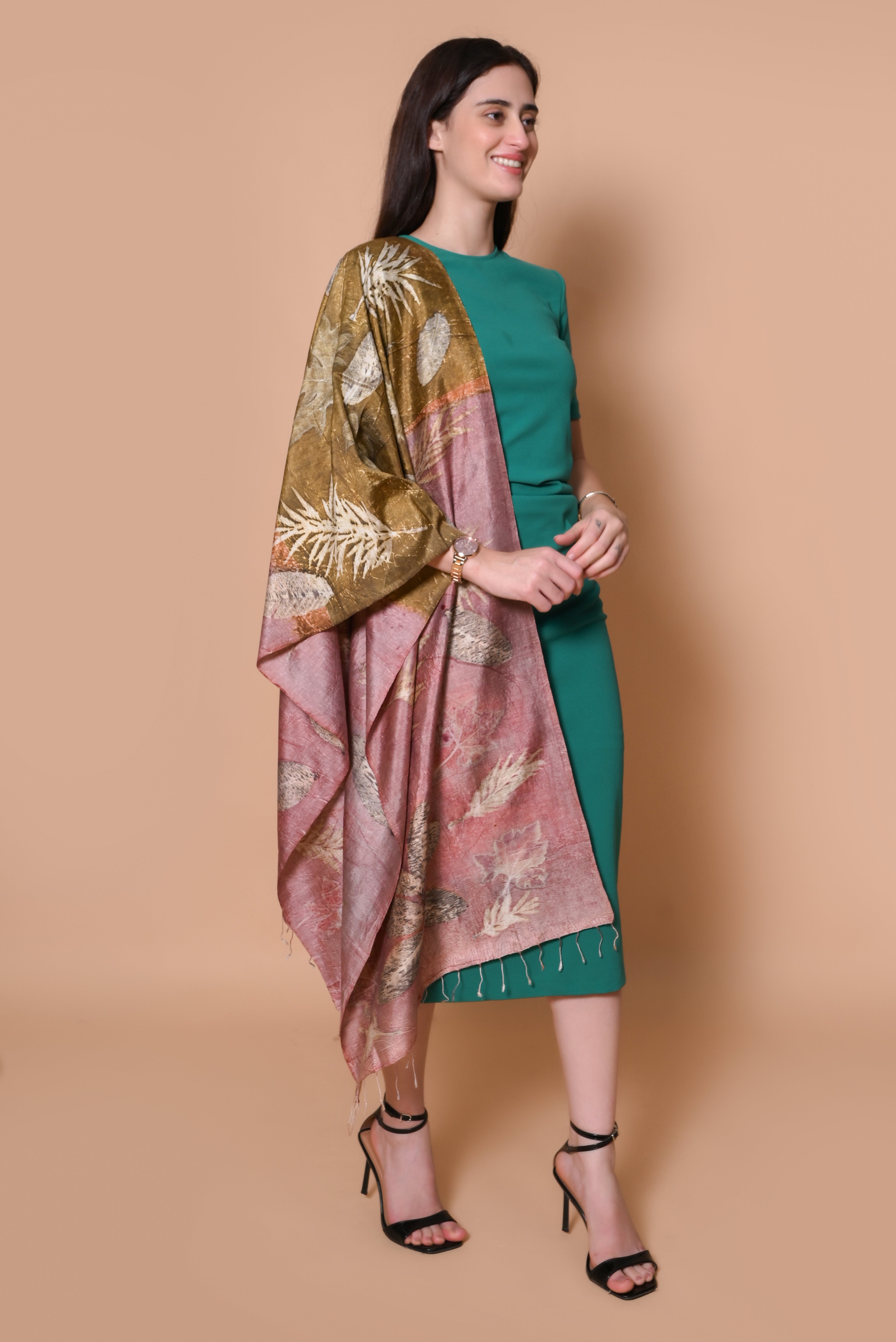 Pink and Gold Organic Leaves Dyed Mulberry Silk Stole