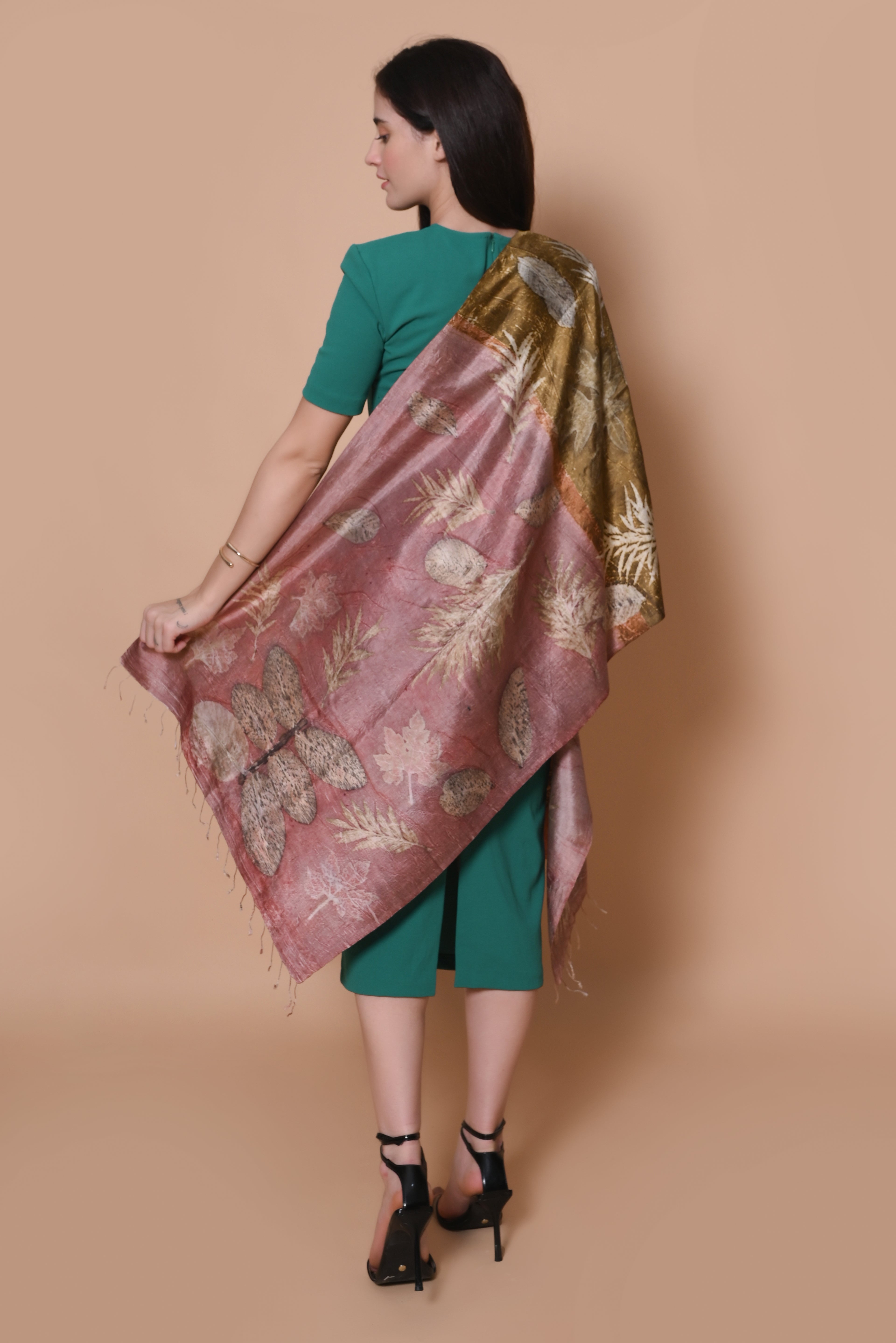 Pink and Gold Organic Leaves Dyed Mulberry Silk Stole